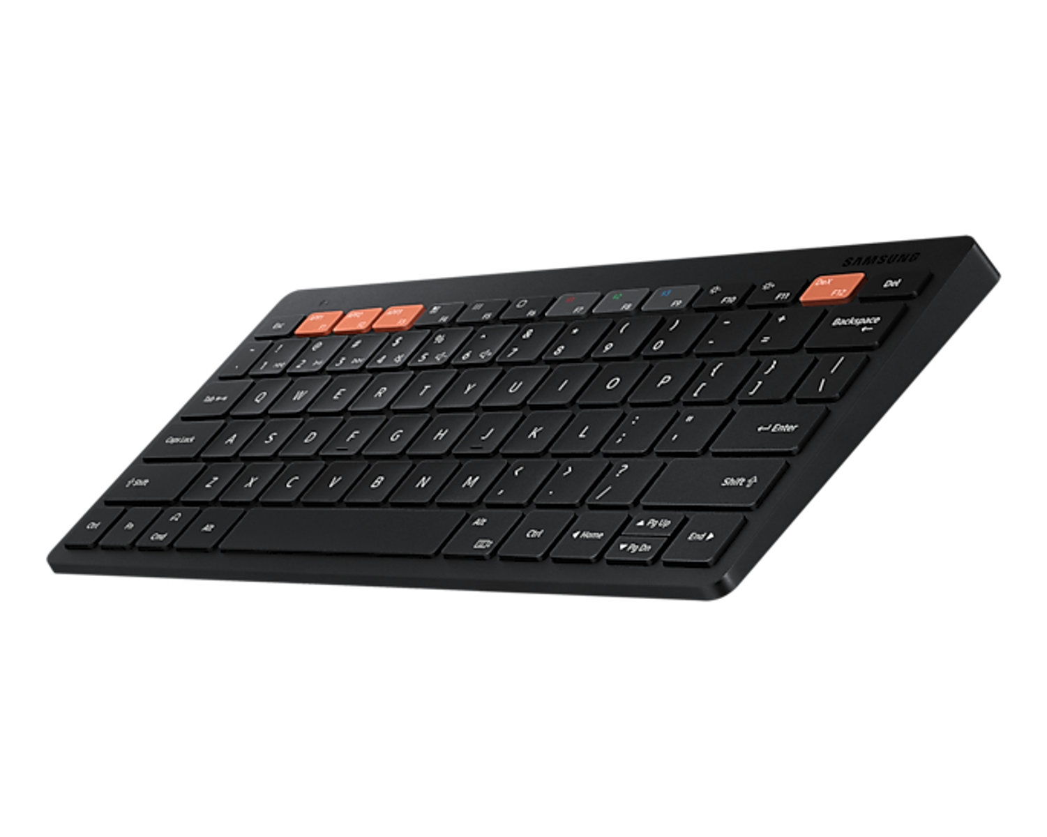 Eine schwarze Samsung-Funk-Tastatur mit orangefarbenen Funktionstasten. Die Tastatur ist abgewinkelt und zeigt Tasten und das Samsung-Logo.
