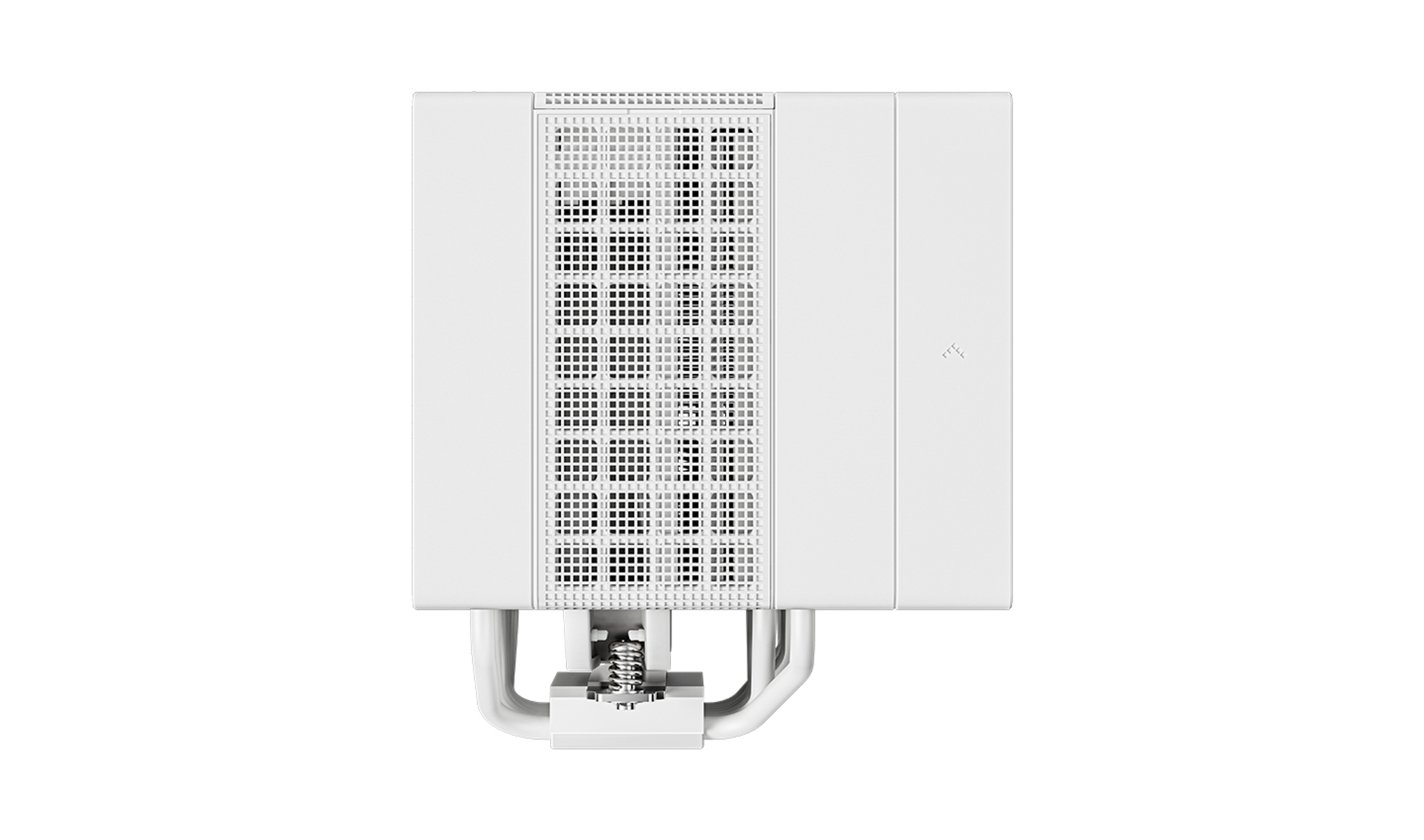White computer component with a rectangular shape, a mesh front, and silver pipes and a base.