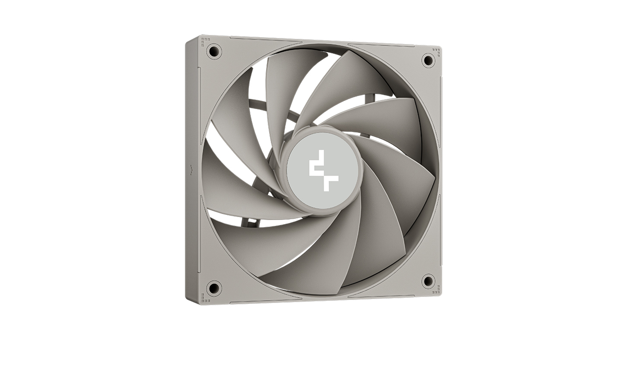 A computer fan with grey blades and frame is centered. The fan has a white logo at its center, all against a white background.