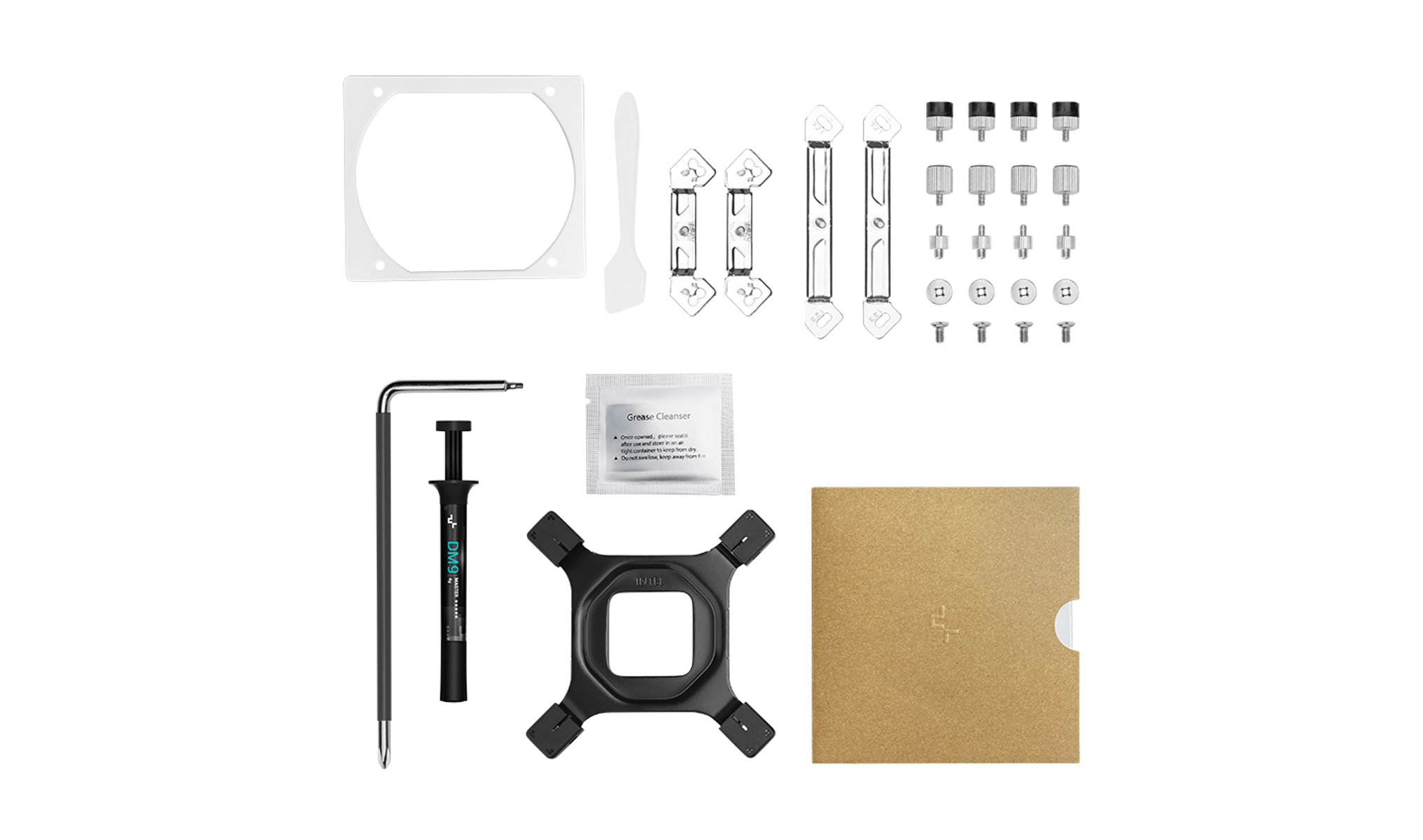 Assortment of computer cooling components: fan, mounting hardware, thermal paste, screws, a screwdriver, and a cardboard box.