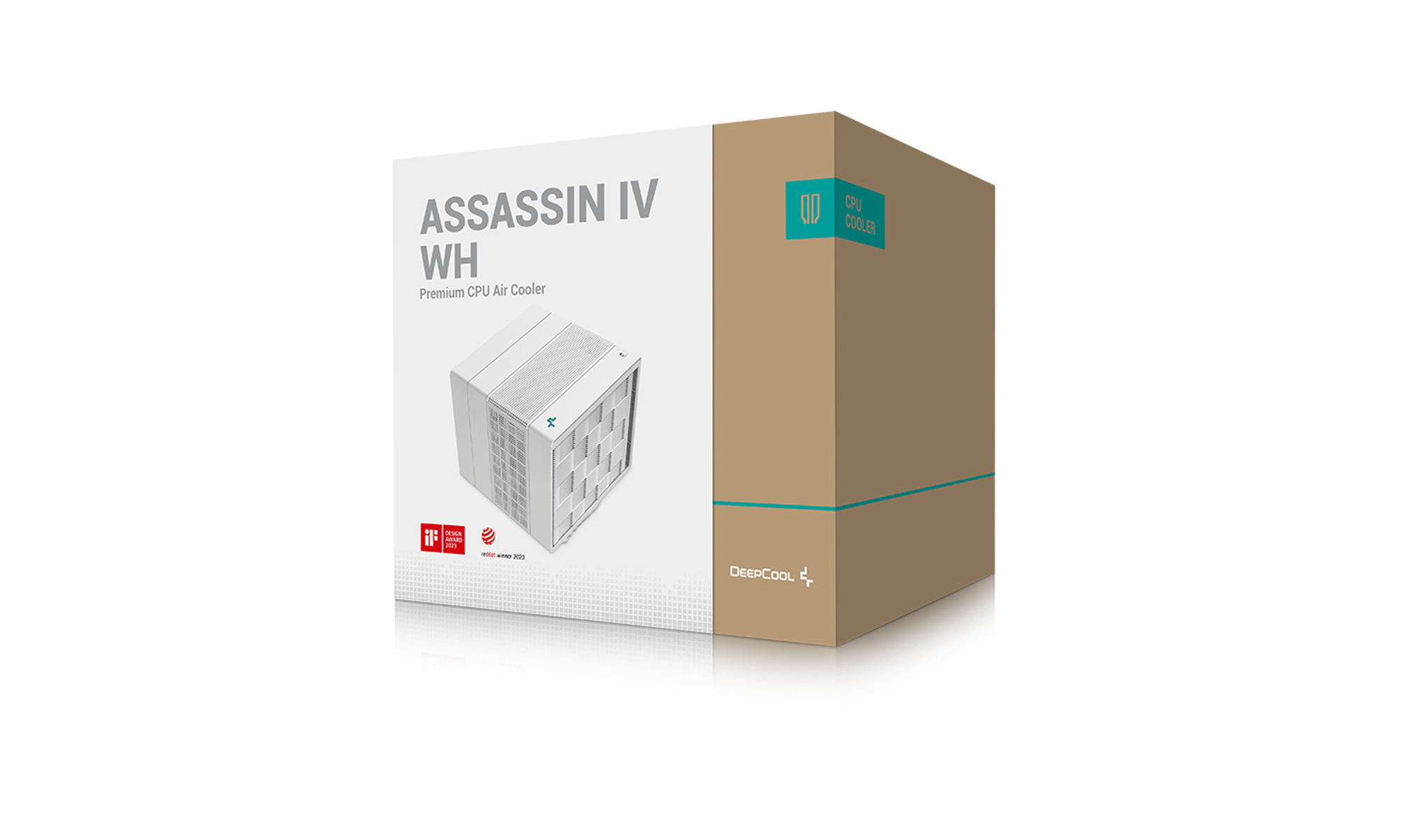 A box showing a white CPU cooler labeled Assassin IV WH. The box is brown and white with DeepCool logo.