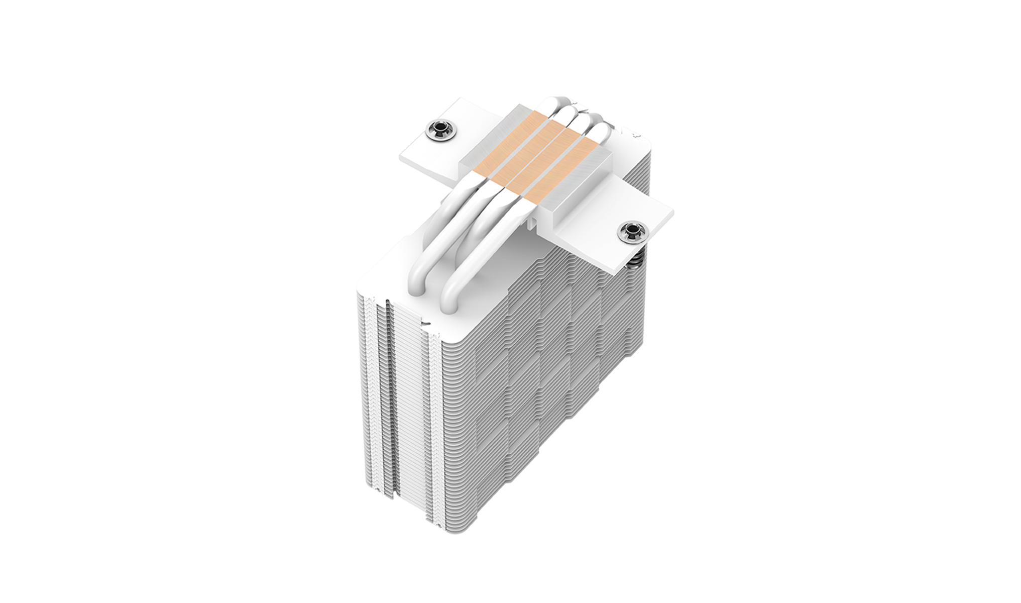 A computer CPU cooler. It has a white heatsink, copper heat pipes, and a white top bracket, with beige strips on top.