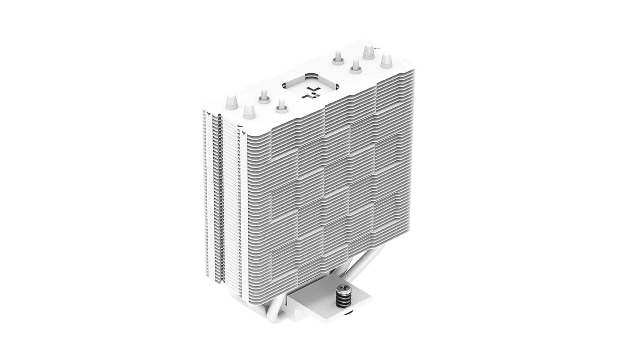 A white CPU cooler with a fin stack, heat pipes, and mounting hardware, isolated on a white background.