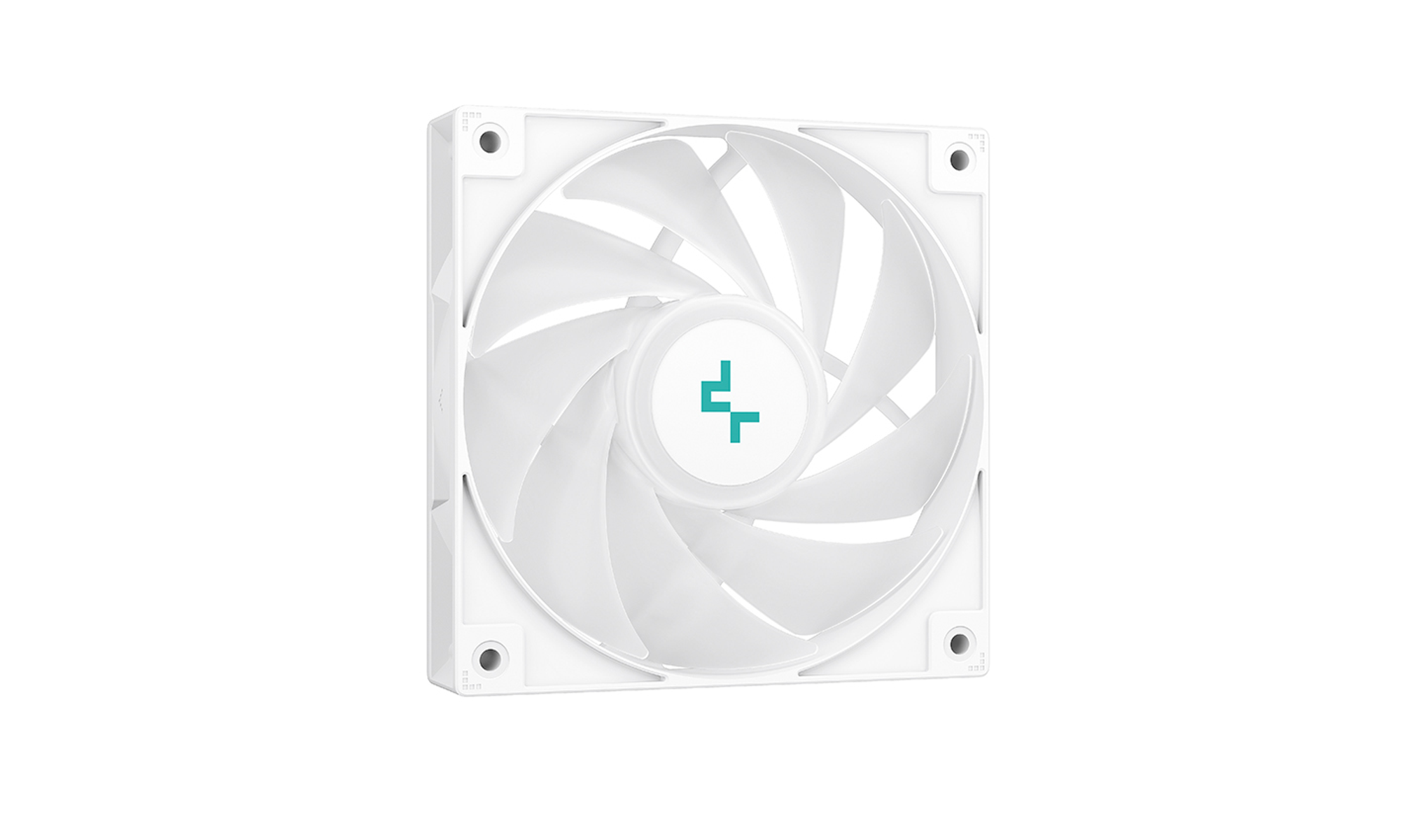 A white computer fan with curved blades. The center has a teal logo on a white background. Corners have screw holes.