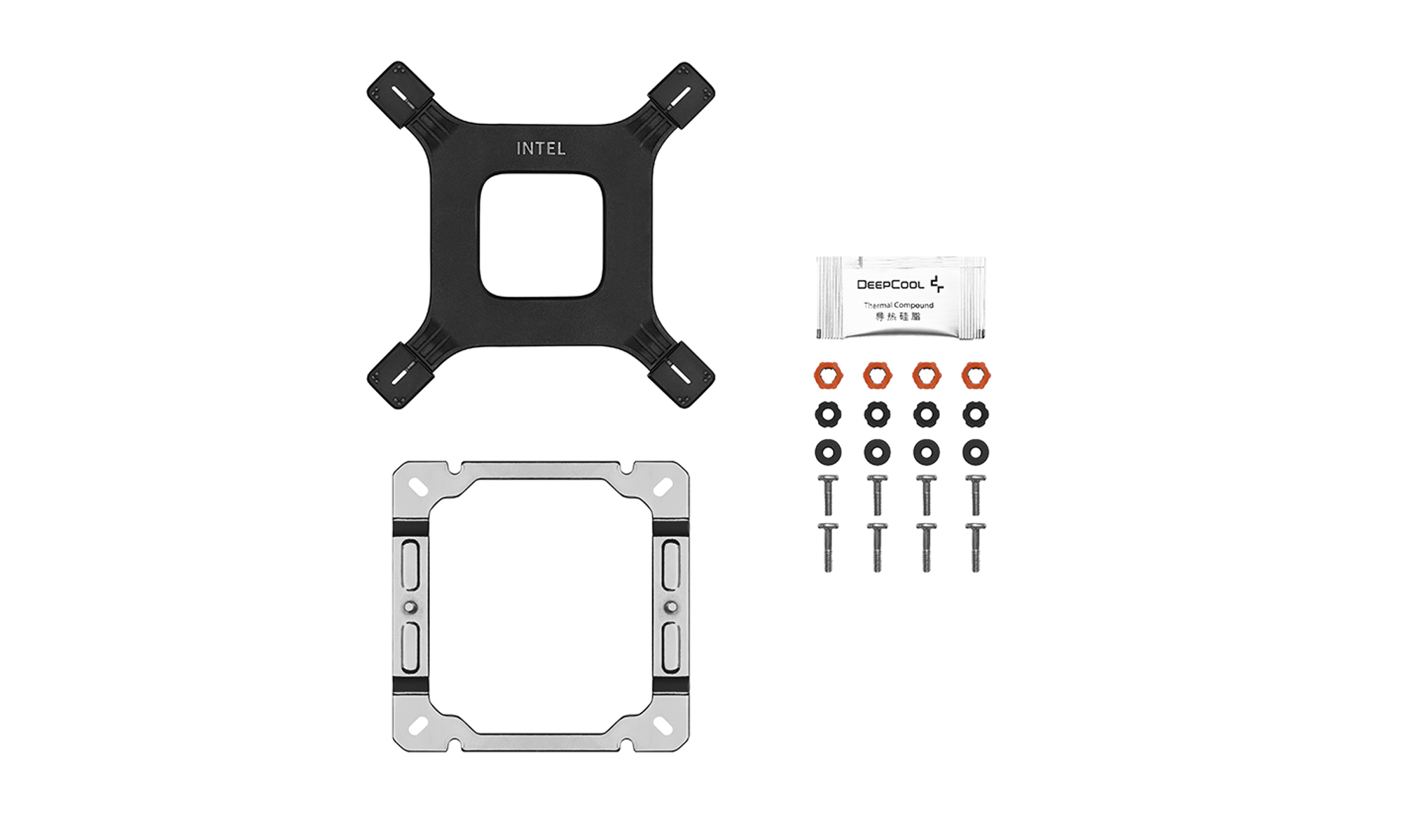 Components for a computer CPU cooler: bracket, frame, thermal paste, nuts, bolts, and washers, all on a white background.