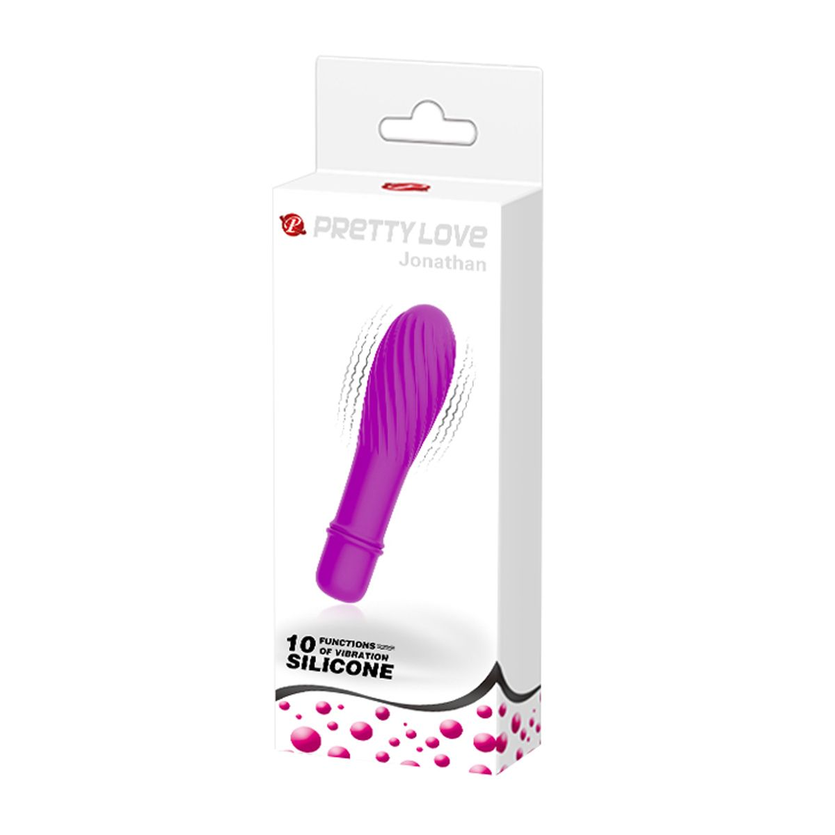 Eine Verpackung für ein Sexspielzeug namens "Jonathan". Die Schachtel ist weiß mit einem lila Vibrator und Text, einschließlich "Pretty Love".