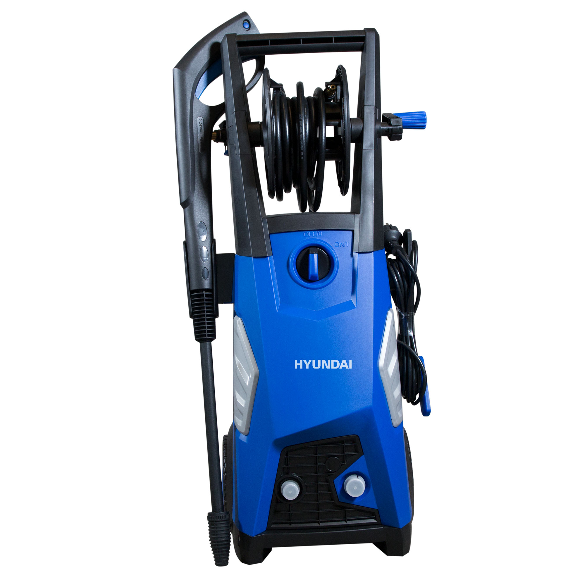 Una hidrolavadora Hyundai azul y negra. Tiene un carrete de manguera, una pistola rociadora y un cable de alimentación. El fondo es blanco.