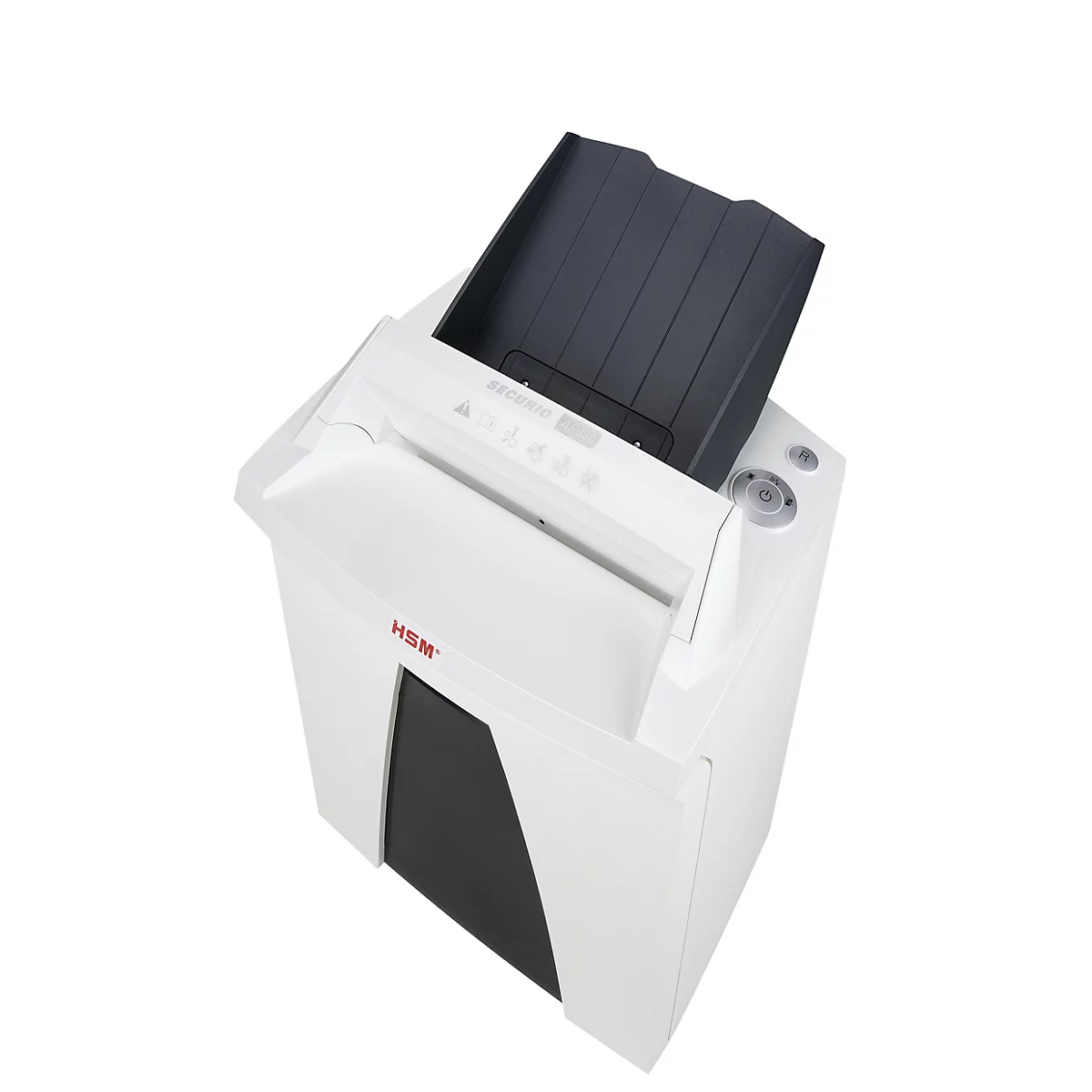 Una destructora de papel blanca de HSM está en ángulo sobre un fondo blanco, con una bandeja de papel negra y controles etiquetados.