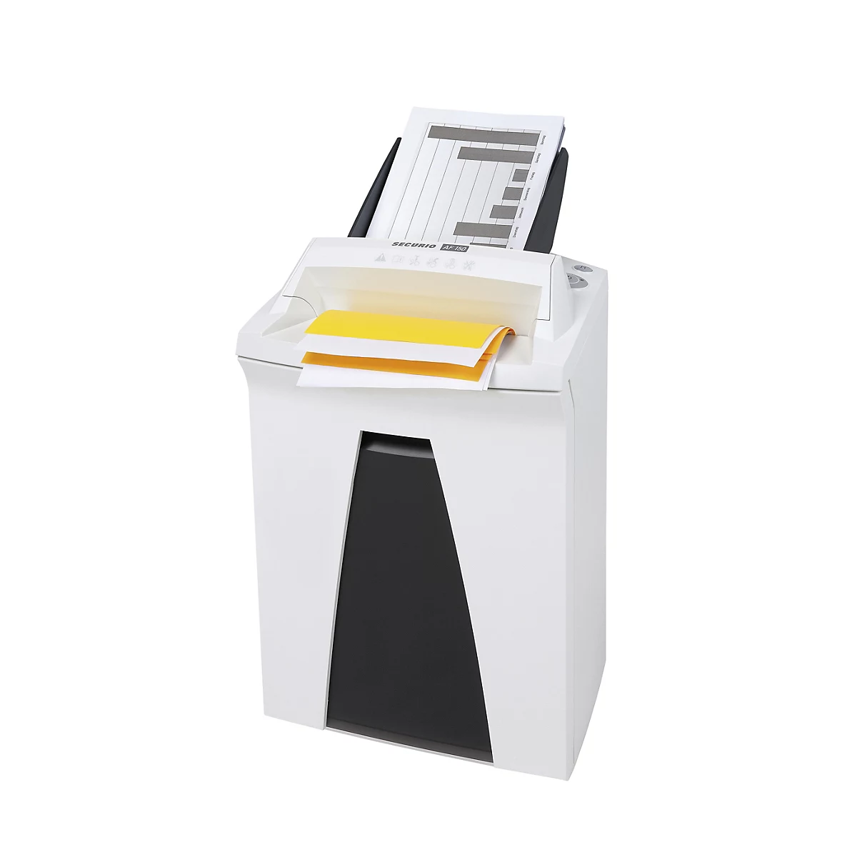 Una destructora de papel blanca con papel negro y amarillo dentro. Un gráfico está en la bandeja de papel. El fondo es blanco.