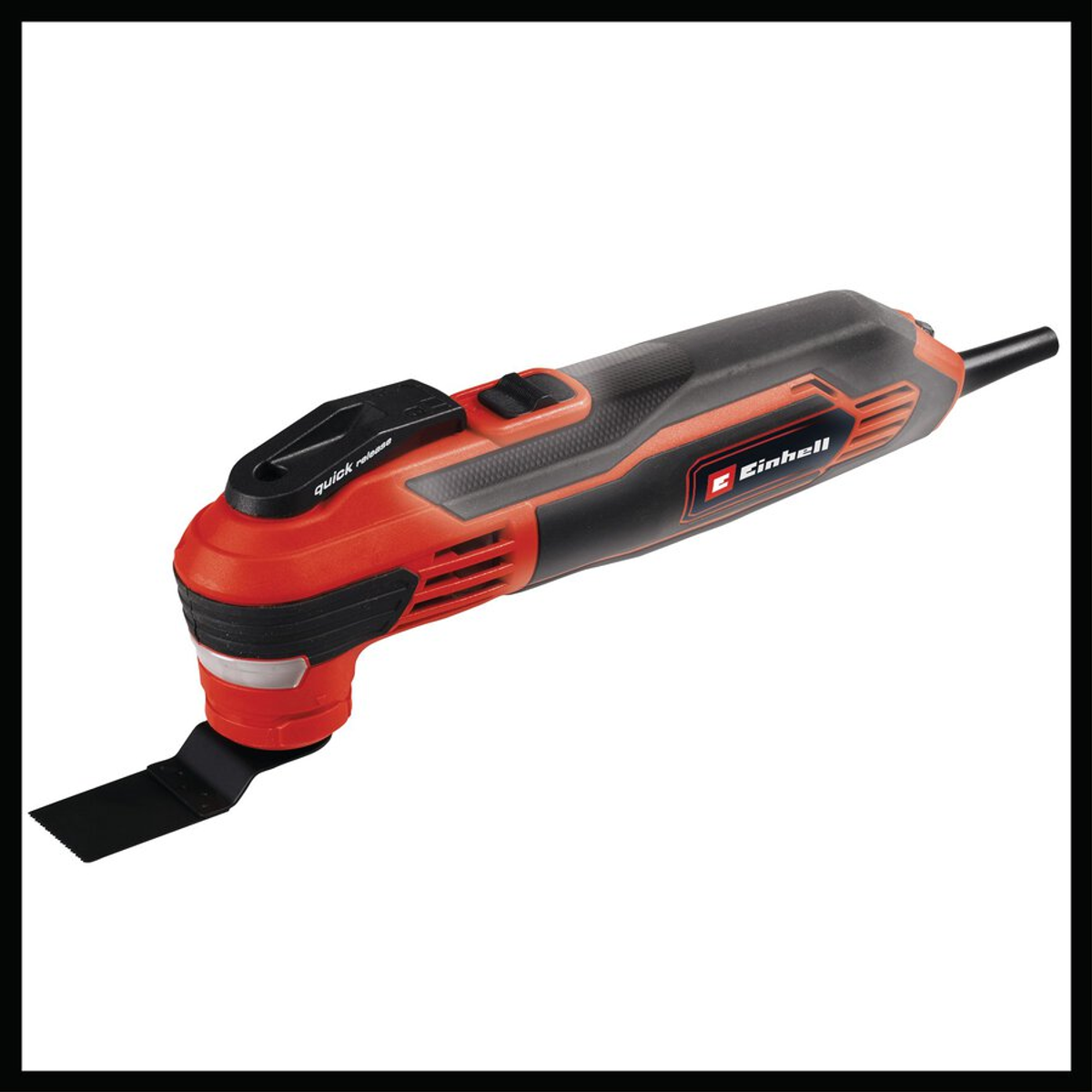 Wielofunkcyjne narzędzie Einhell, czarne i czerwone, z dołączonym ostrzem. Narzędzie znajduje się na białym tle.