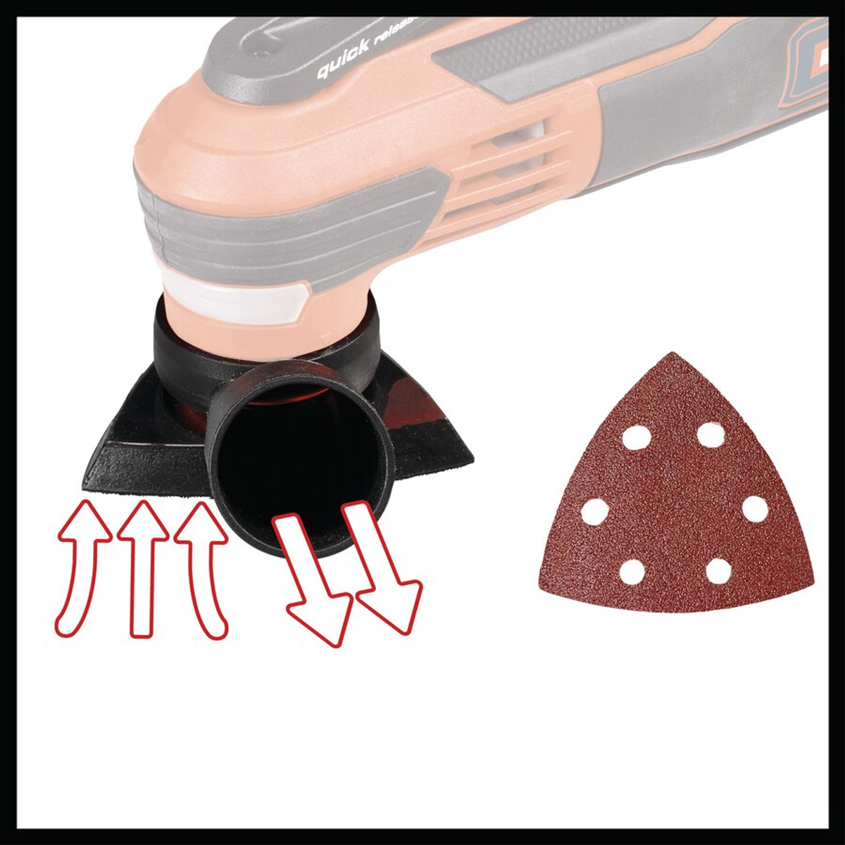 Oscylacyjne narzędzie wielofunkcyjne z nakładką szlifierską. Strzałki wskazują przepływ powietrza. Narzędzie jest typu szybkiego uwalniania.