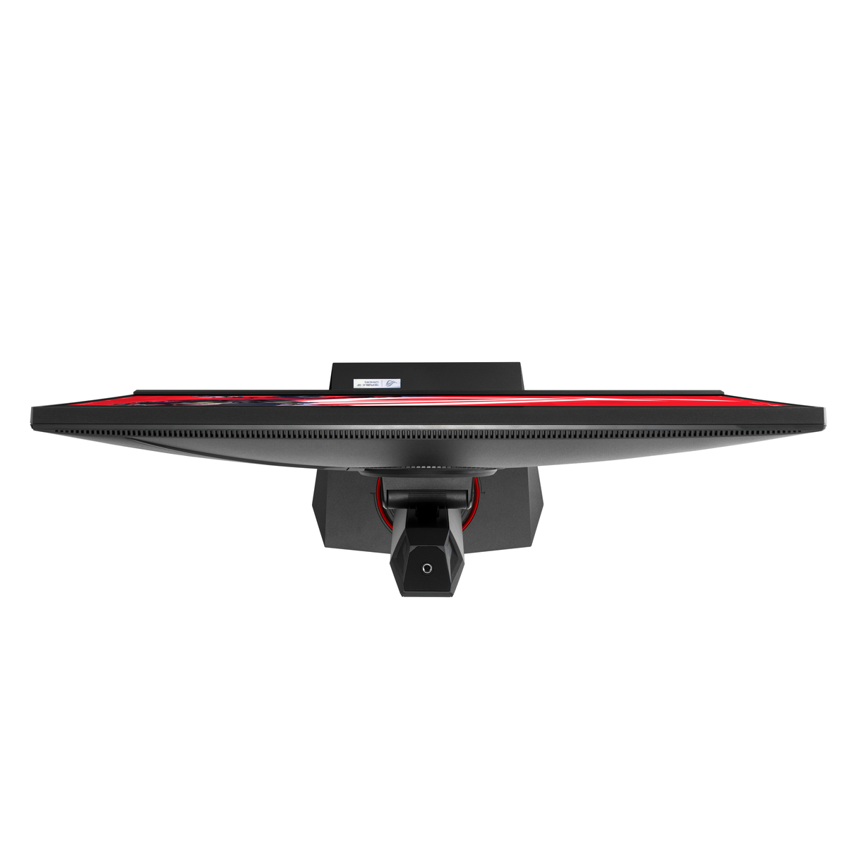 Widok z góry czarnego i czerwonego monitora komputera na białym tle. Widoczny jest stojak.