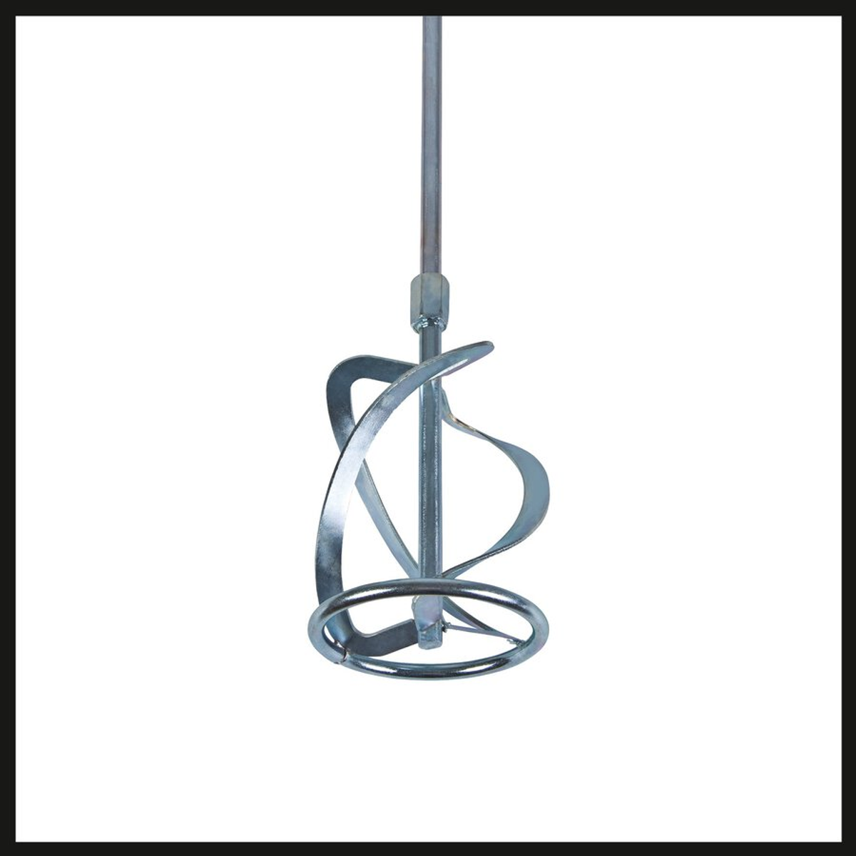 Un miscelatore per vernici in metallo argentato con un design a spirale. Il miscelatore è su uno sfondo bianco. Ha un'asta centrale e lame curve.
