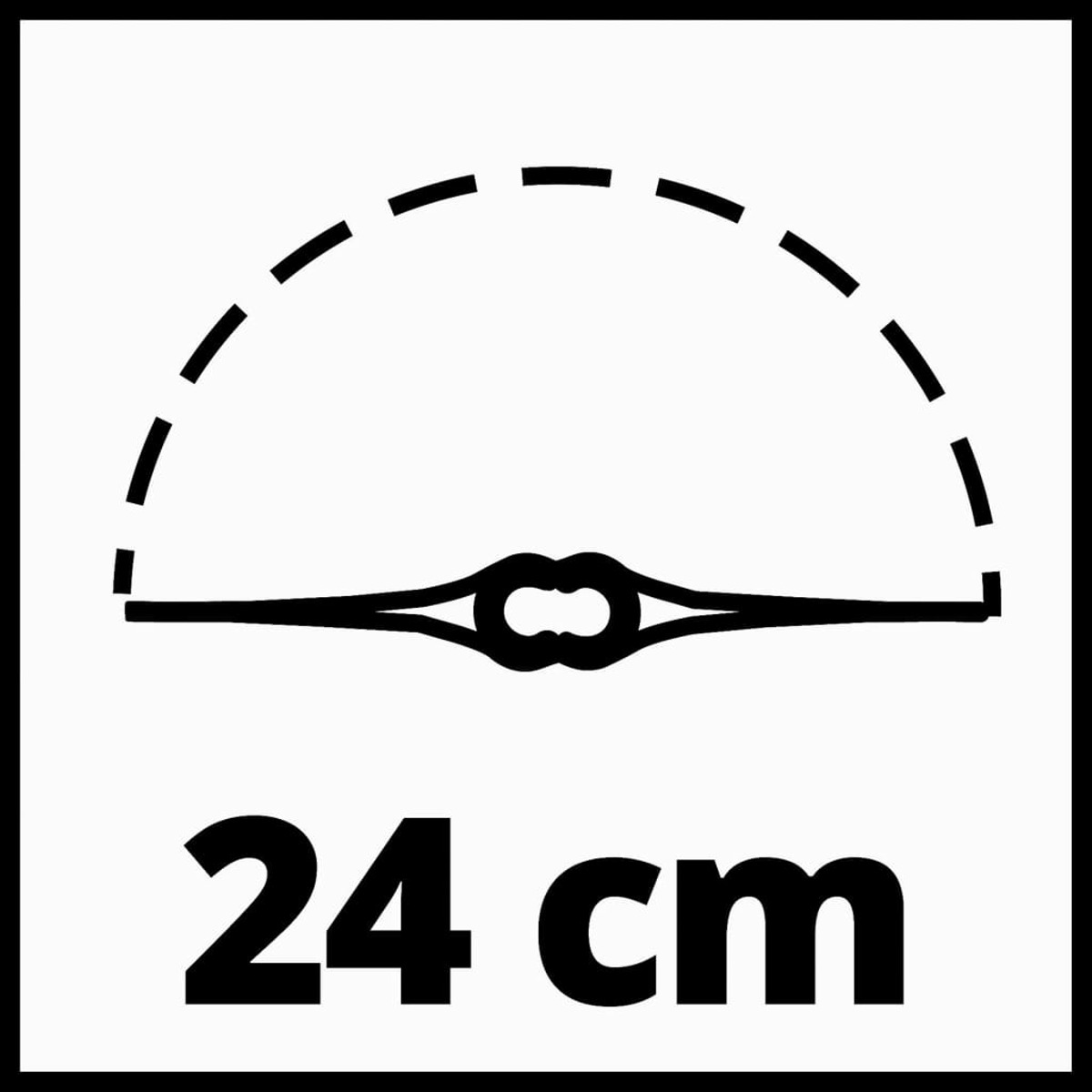 Gráfico negro: Línea curva discontinua encima de una forma de boca. Debajo, texto en negrita: "24 cm".