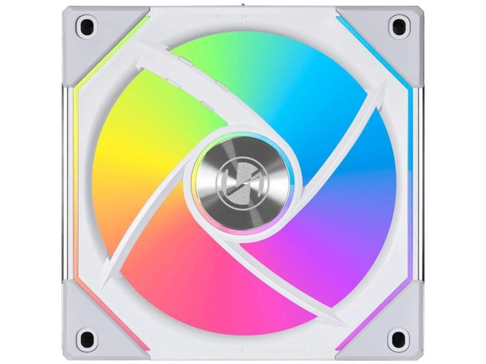 Ventilateur d'ordinateur blanc avec pales aux couleurs de l'arc-en-ciel et centre argenté. Les coins ont des trous de montage. Le cadre est blanc.