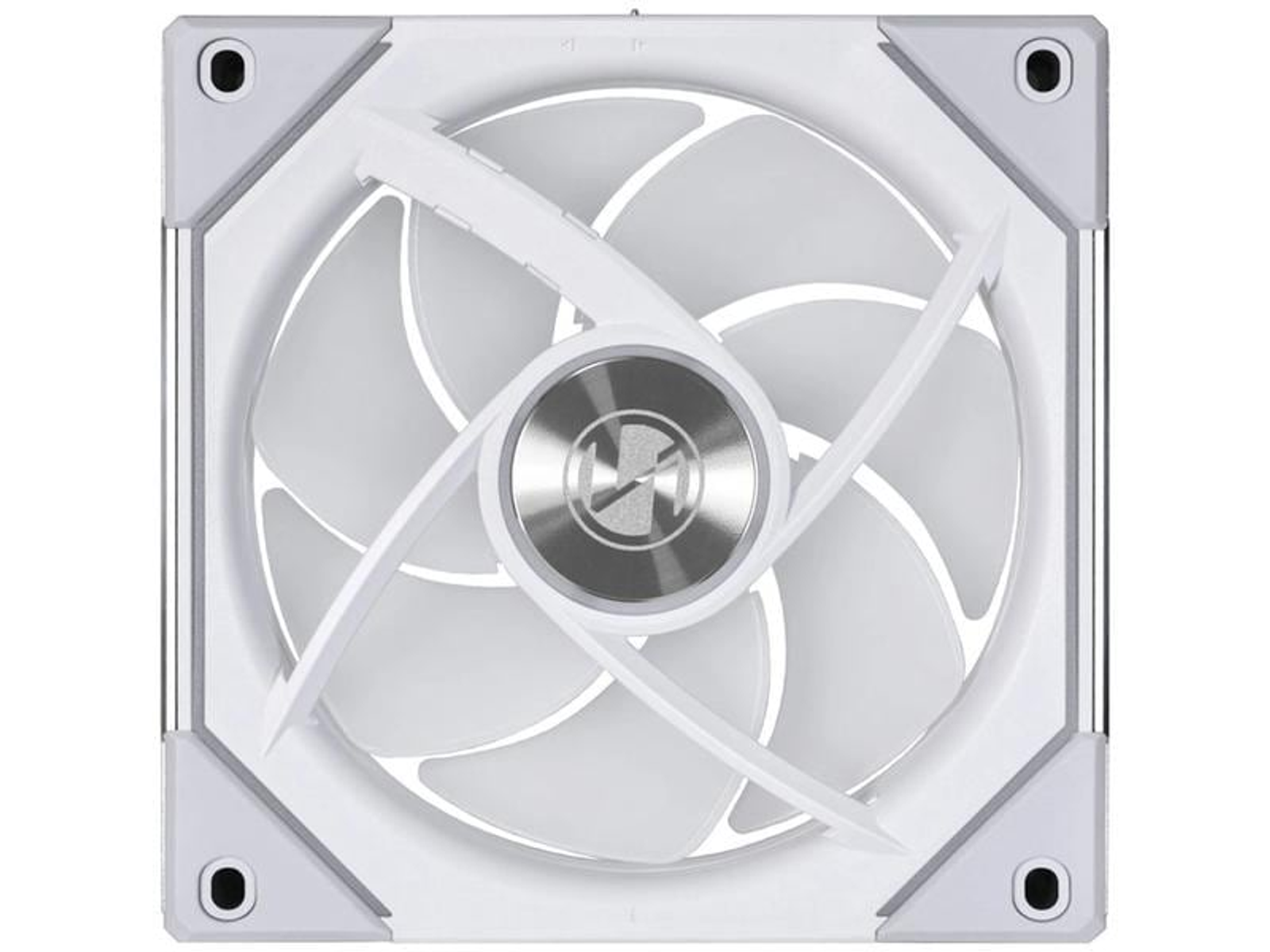 Ventilateur d'ordinateur blanc avec sept pales, un logo argenté central et un cadre carré. Quatre trous de montage sont visibles.