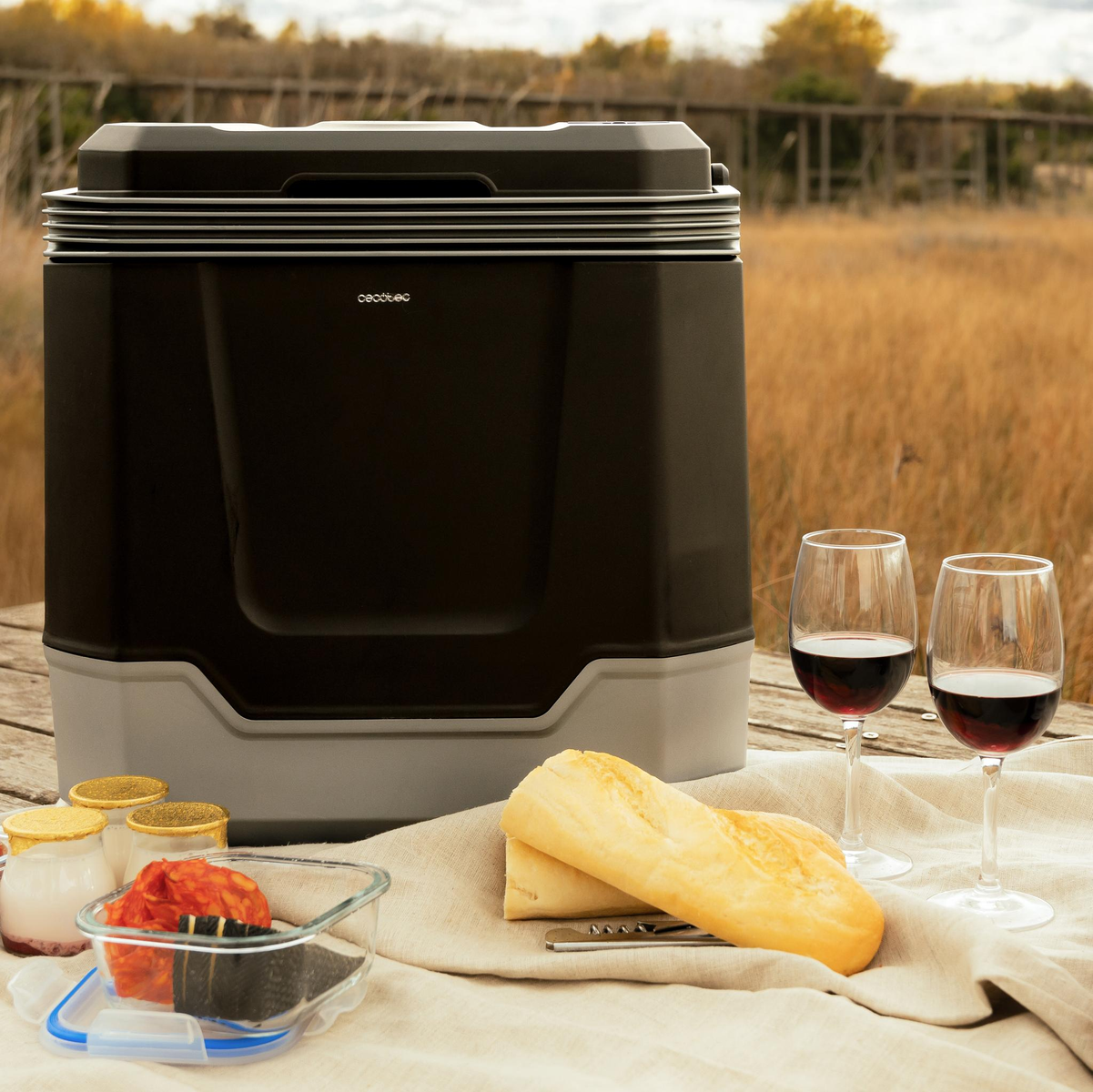 Scena di picnic con una borsa frigo, due bicchieri di vino, cibo e pane su un tavolo di legno. Lo sfondo mostra erba secca e una recinzione.