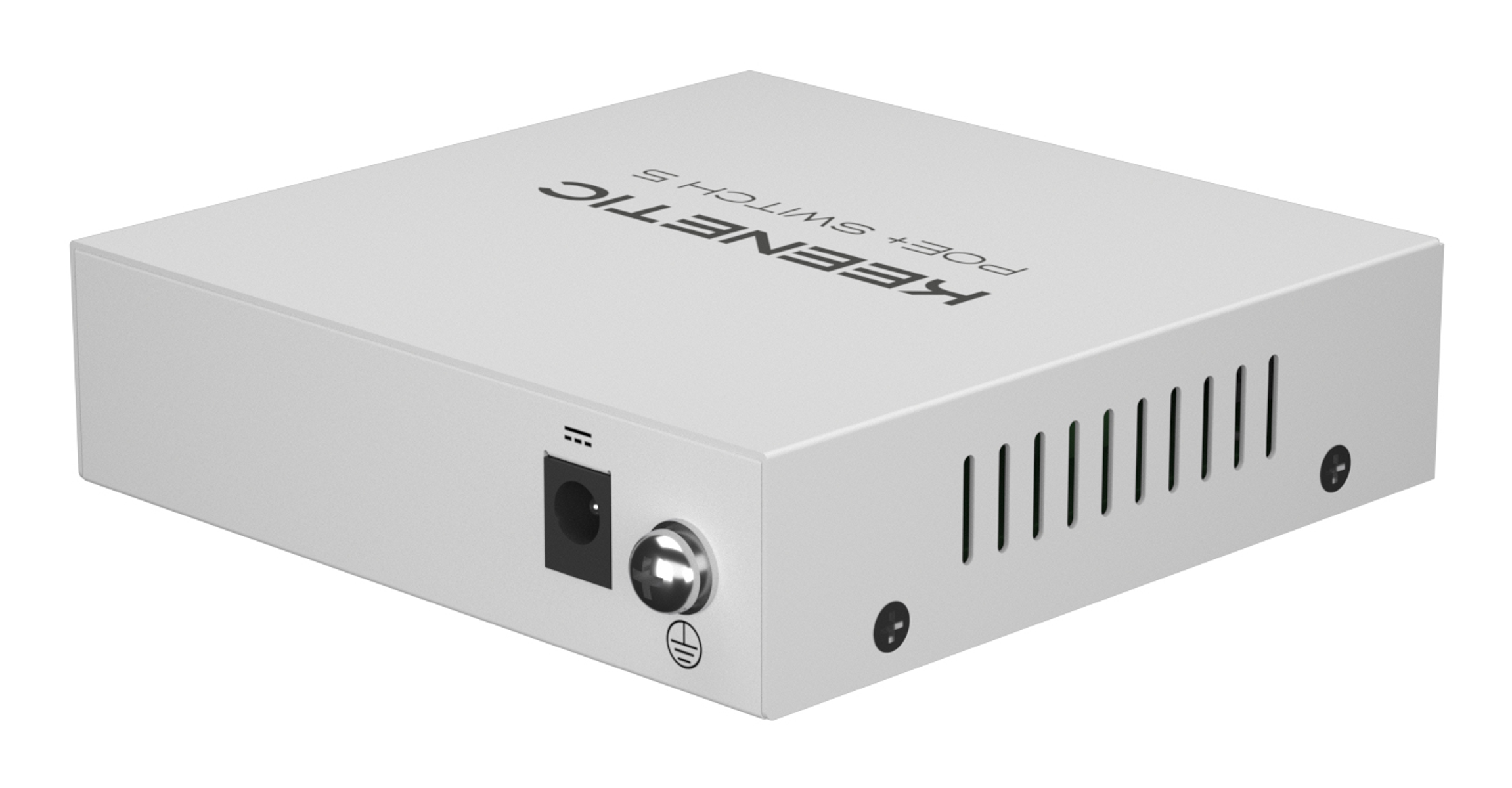 Uno switch Keenetic PoE+ 5 bianco. Ha un ingresso di alimentazione, un pulsante e fori di ventilazione laterali. Il logo Keenetic è visibile.