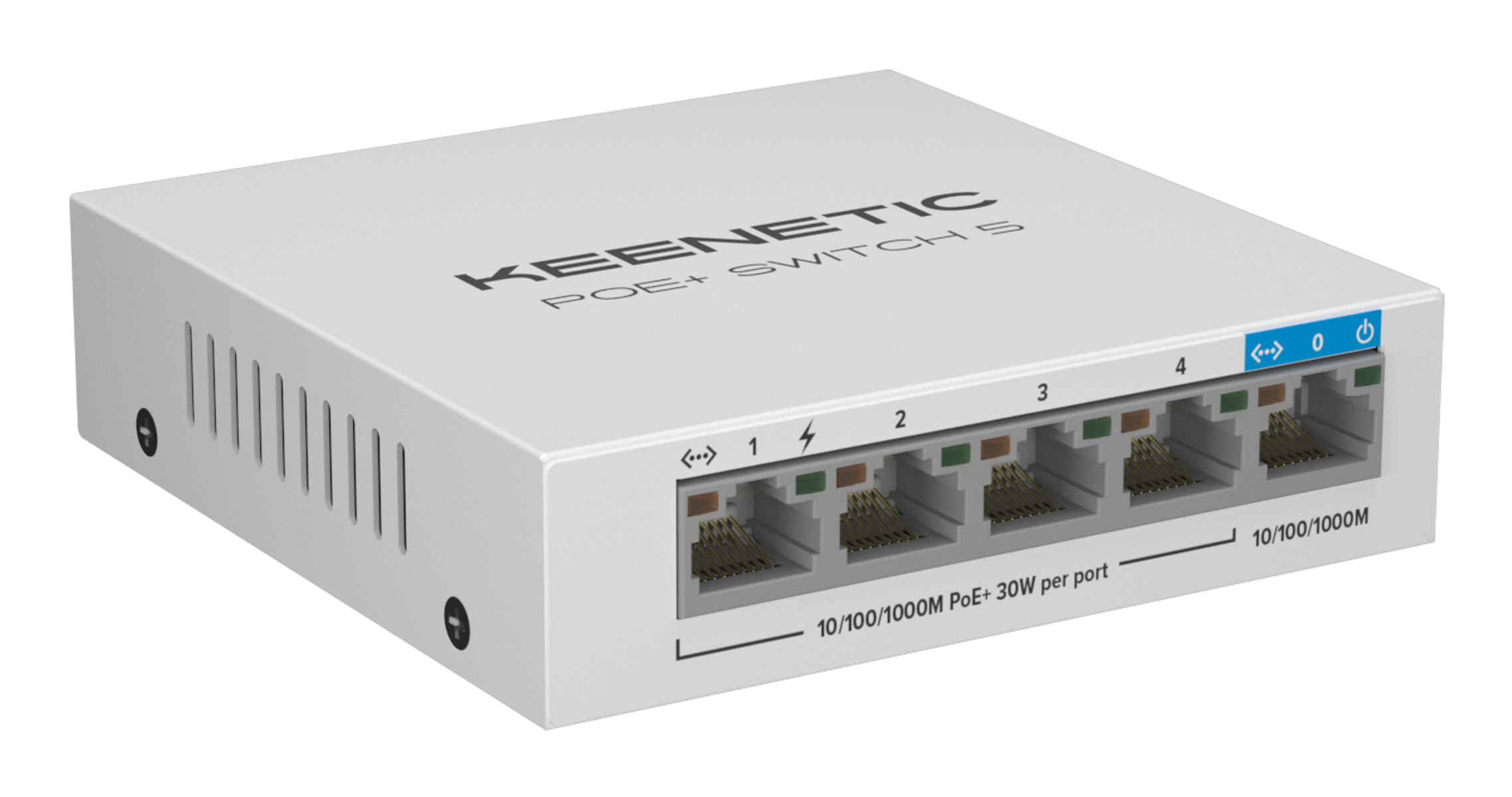 Uno switch Keenetic PoE+ S bianco. Ha diverse porte, numerate da 1 a 4, e un pulsante di accensione. Ci sono fessure di ventilazione sul lato.