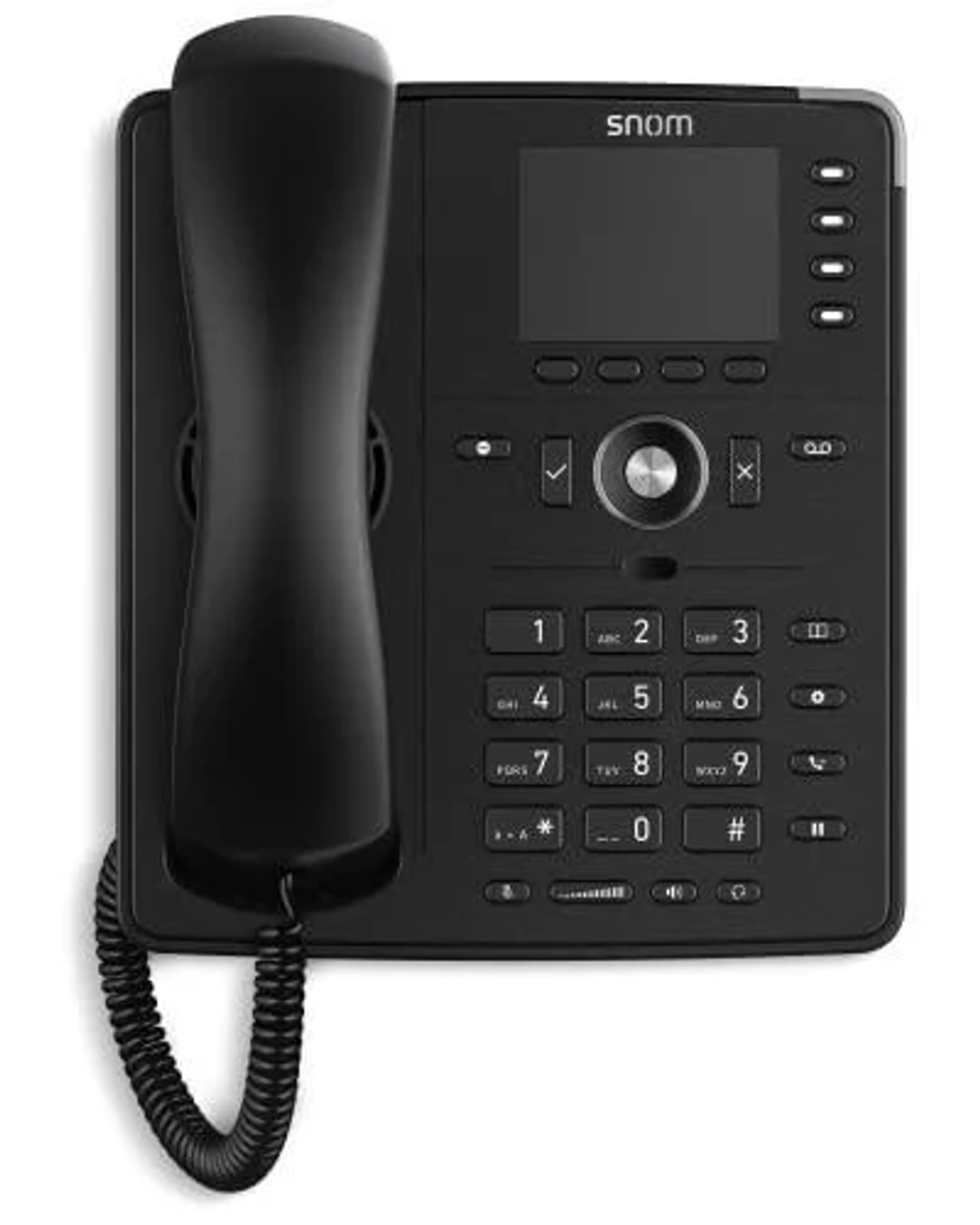 Un teléfono IP snom negro. Tiene un auricular a la izquierda y botones a la derecha. Se ve una pequeña pantalla.