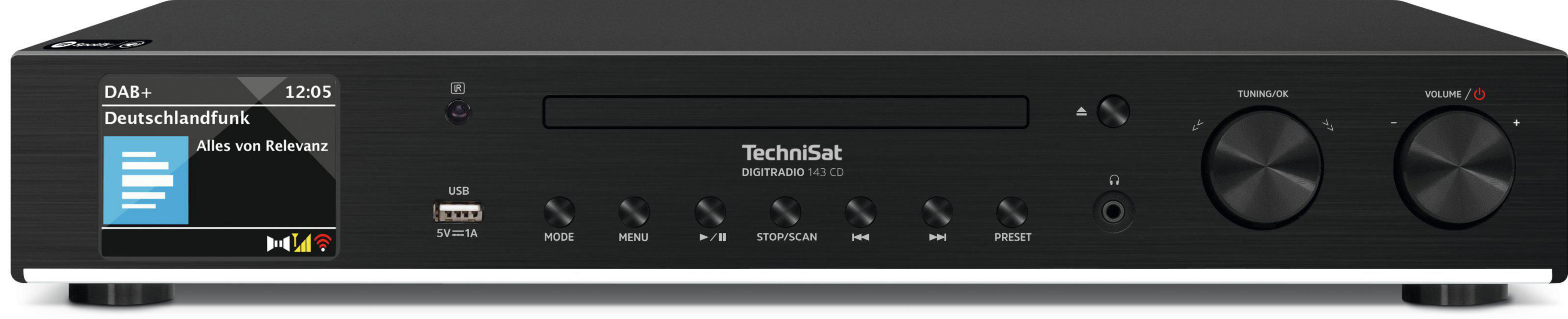 Czarny TechniSat DIGITRADIO 143 CD. Ma wyświetlacz, przyciski i pokrętła. Wyświetlacz pokazuje 'Deutschlandfunk' i czas.