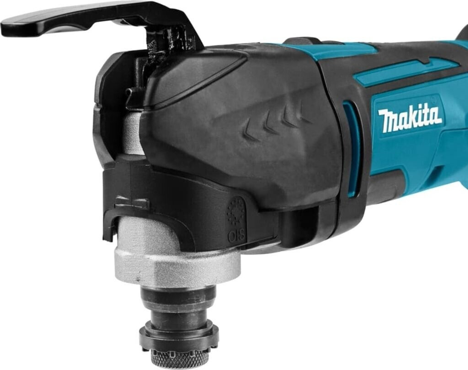 Nahaufnahme eines Makita Multi-Tools. Das Werkzeug ist türkis und schwarz. Das Makita-Logo ist sichtbar. Das Werkzeug befindet sich auf weißem Hintergrund.