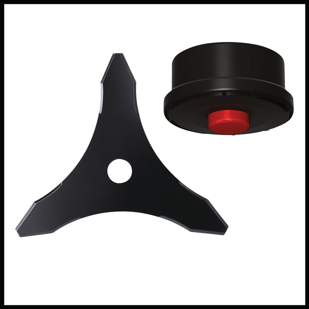 Hoja de metal negro y una pieza de plástico negro con un botón rojo, ambos sobre fondo blanco.