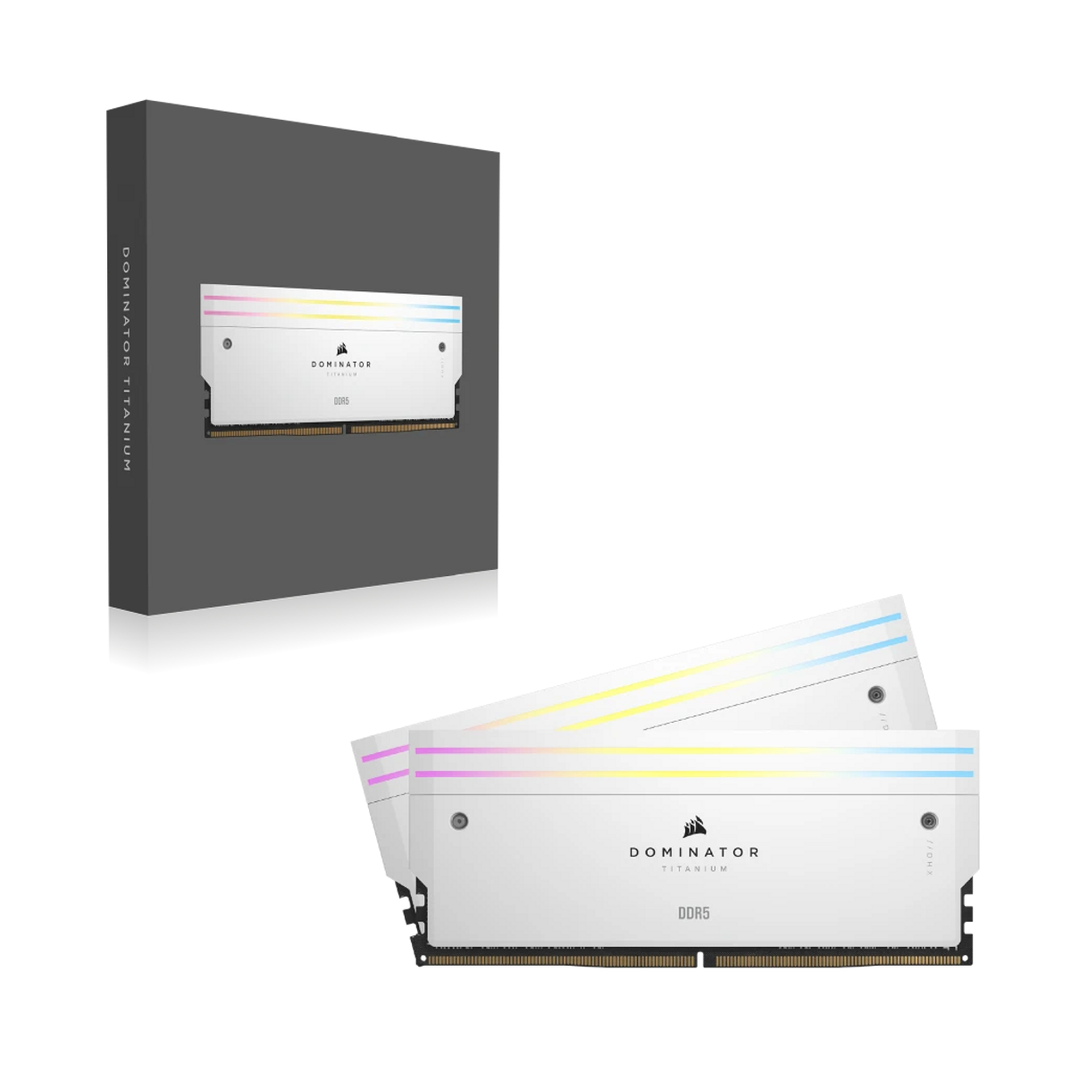 Białe moduły RAM z oświetleniem RGB, oznaczone 'Dominator Titanium' i 'DDR5'. Jeden jest w pudełku.