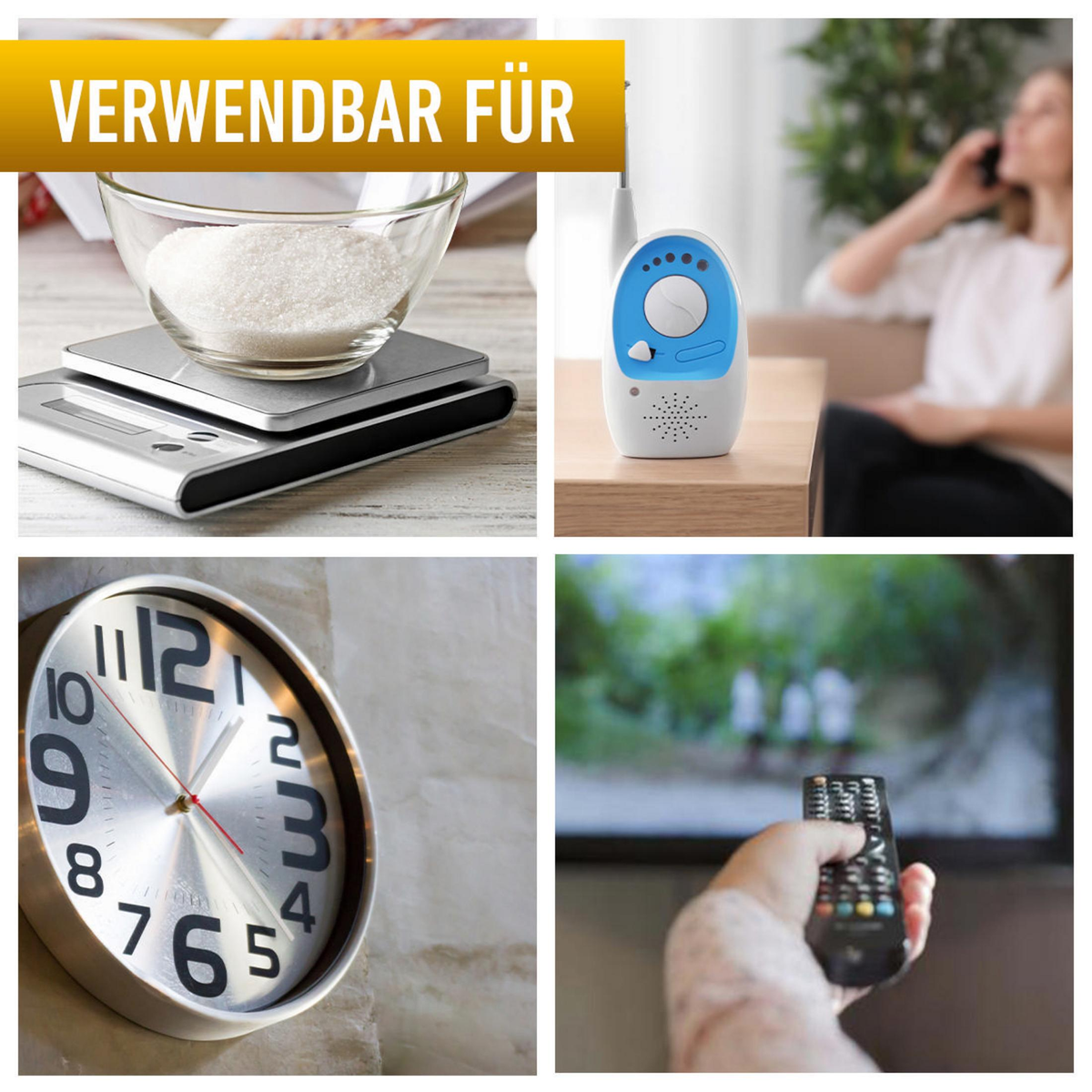 Un orologio, un baby monitor, zucchero su una bilancia e una persona con telecomando e TV. Le immagini sono raggruppate in un collage.
