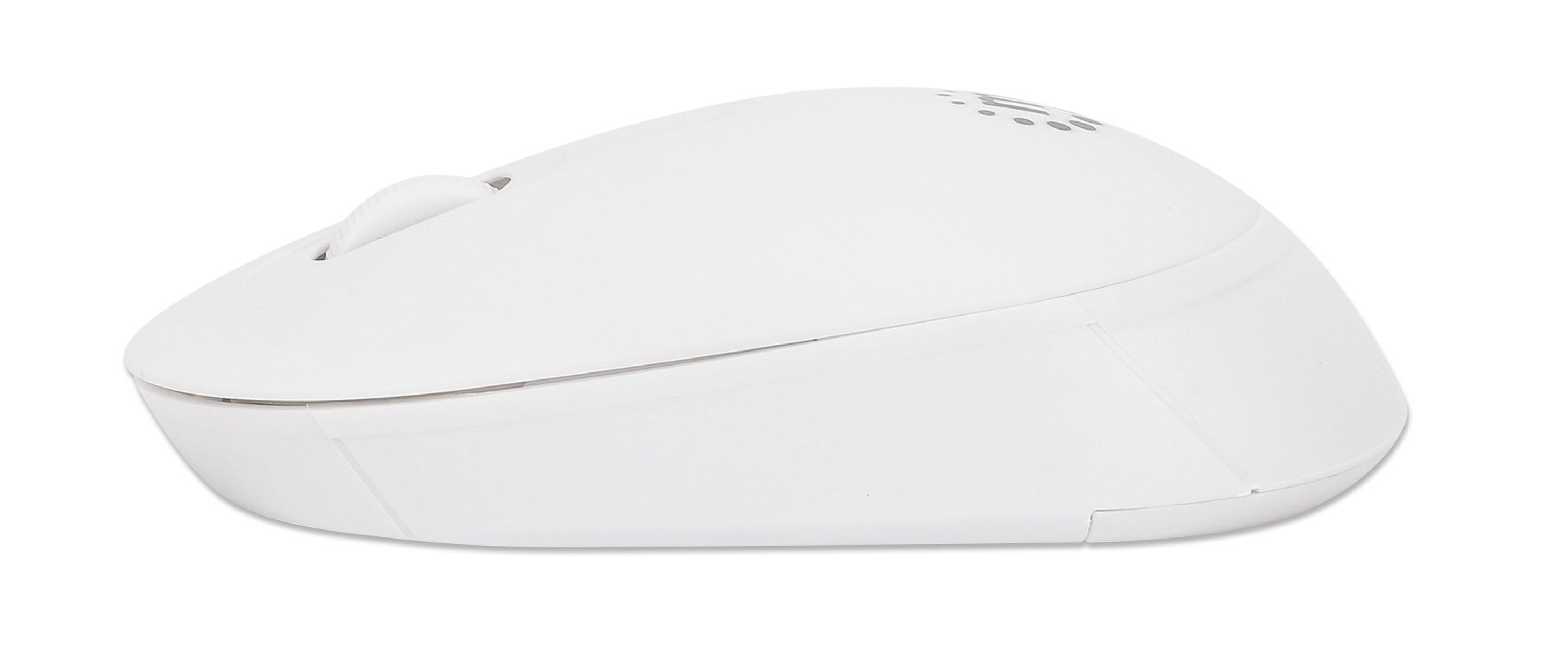 Un mouse per computer bianco è visualizzato su sfondo bianco. Ha una rotella e dei pulsanti. Un logo è in alto.