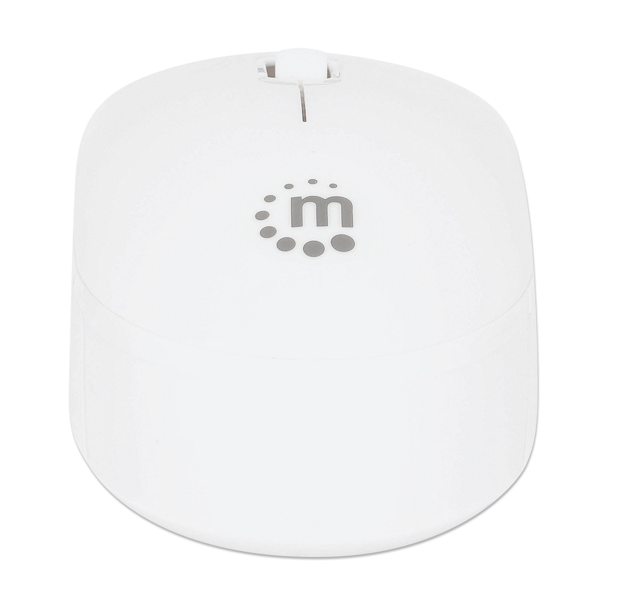 Un mouse per computer bianco con logo 'm' grigio e punti su sfondo bianco. Il mouse è di forma ovale.
