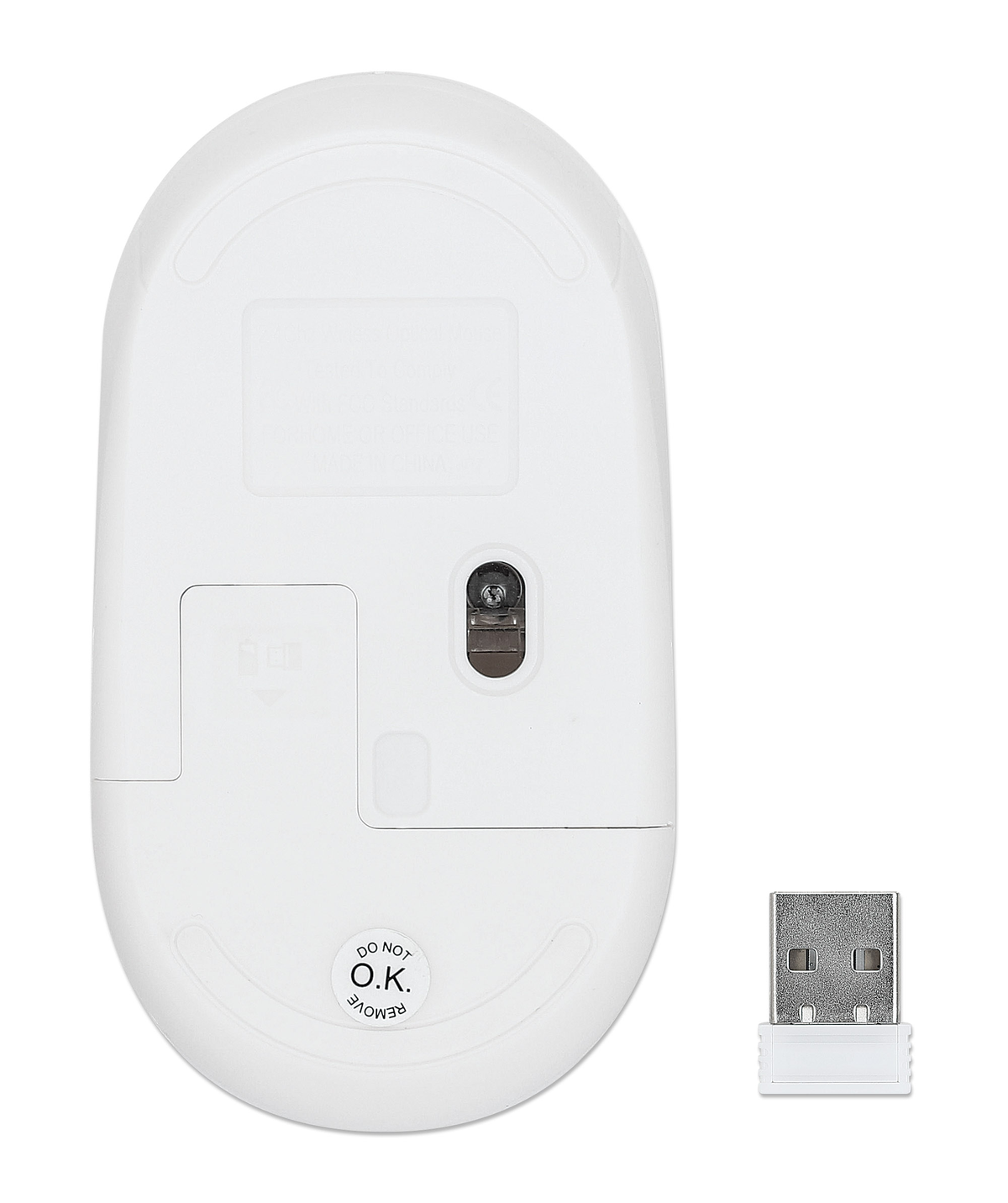 Parte inferiore di un mouse bianco per computer con un ricevitore USB. Include vano batteria, sensore e adesivo 'DO NOT O.K. REMOVE'.
