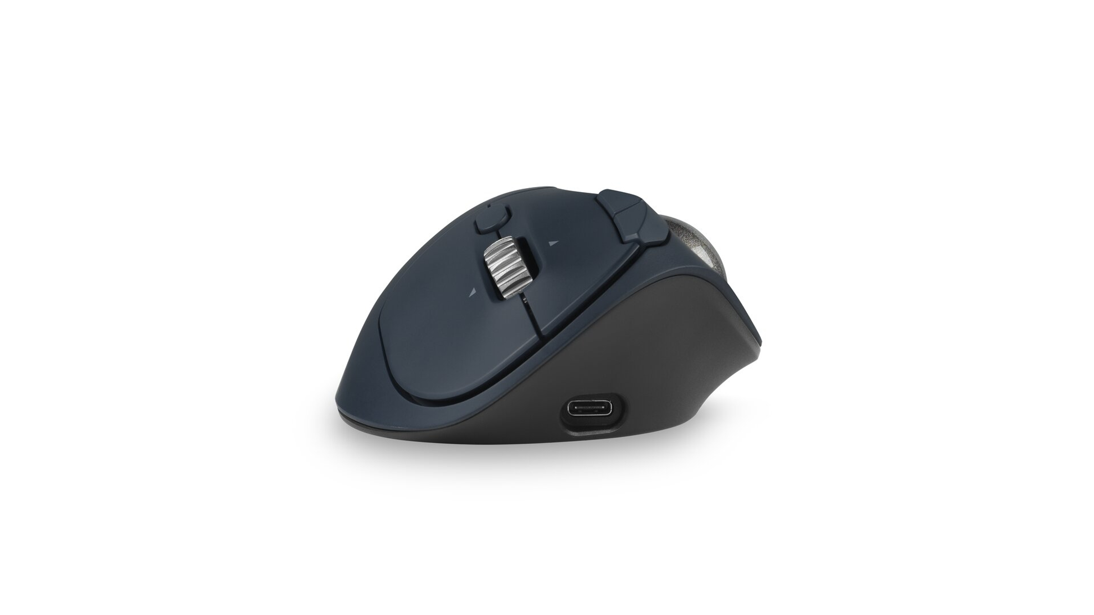 A dark gray wireless computer mouse with a scroll wheel, buttons, and a USB-C port. It rests on a white surface.
