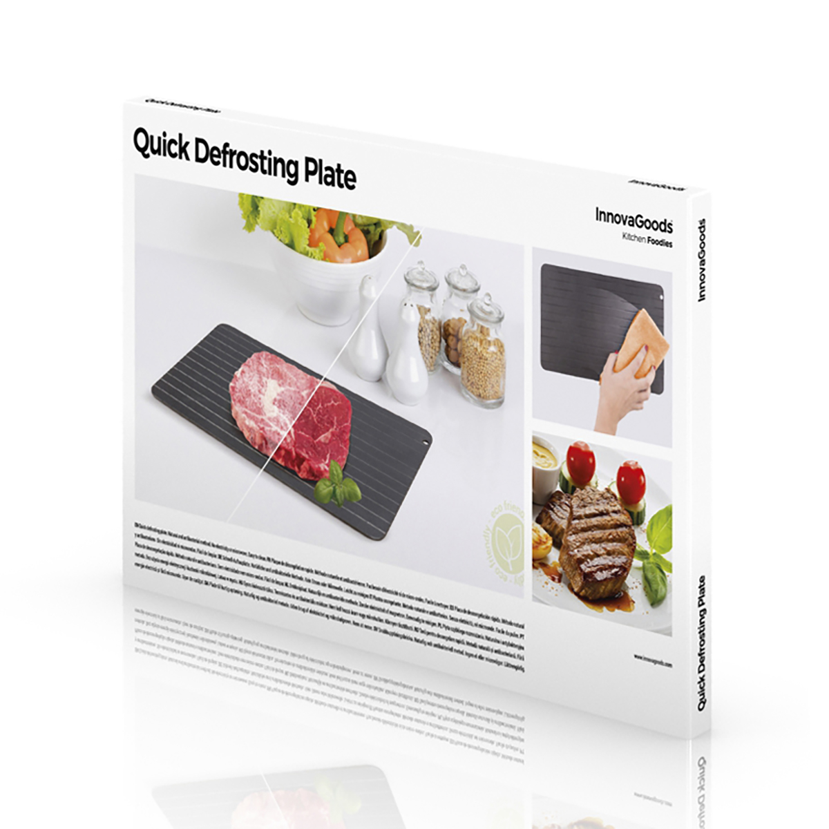 Die Box zeigt eine Auftauplatte mit rohem Fleisch, Gemüse und gekochtem Steak. Die Box trägt das Label InnovaGoods.