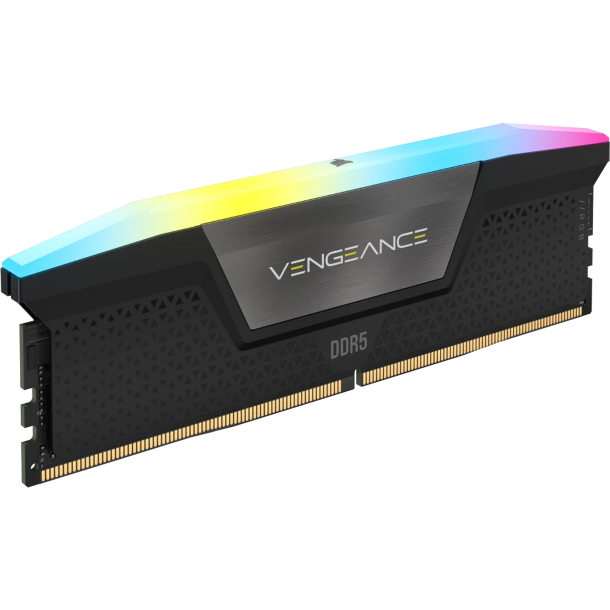 Czarny i szary moduł RAM Corsair Vengeance DDR5 z podświetleniem RGB. Widoczne napisy 'VENGEANCE' i 'DDR5'.