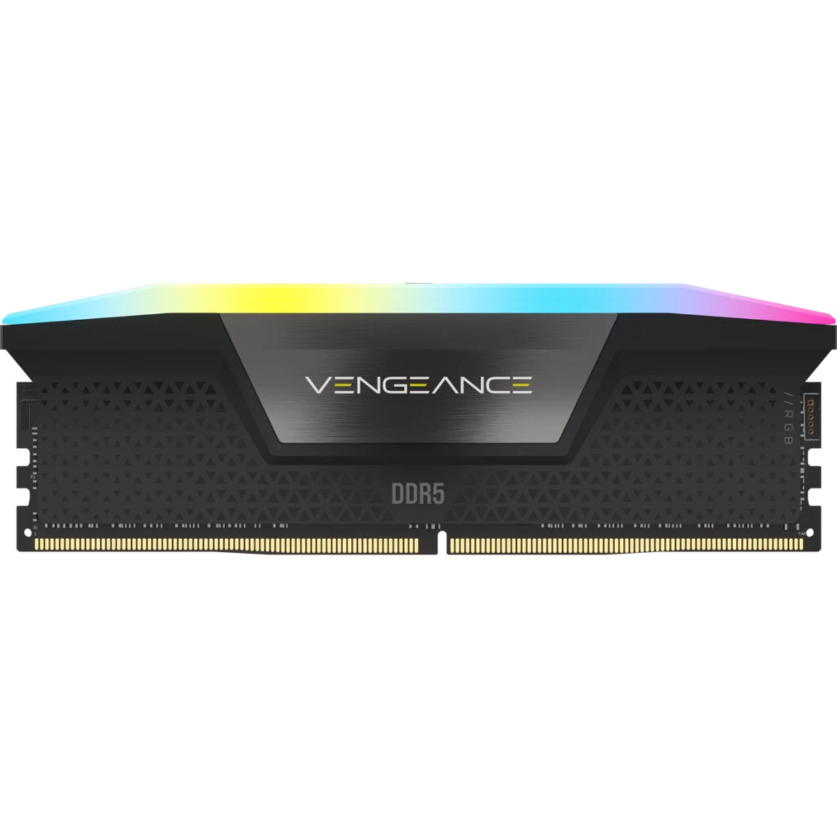 Czarny moduł RAM DDR5 z napisem VENGEANCE i DDR5. Posiada oświetlenie RGB na górze.