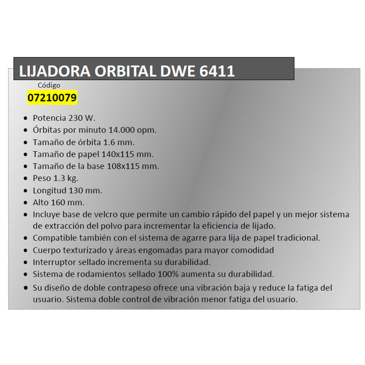Witte achtergrond met zwarte tekst. De tekst beschrijft de specificaties van een LIJADORA ORBITAL DWE 6411 schuurmachine.