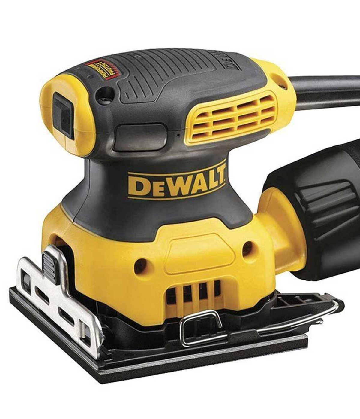 Een gele en zwarte DeWalt schuurmachine. De schuurmachine heeft een vierkante basis, ventilatieopeningen en een handvat. Het DeWalt-logo is zichtbaar.