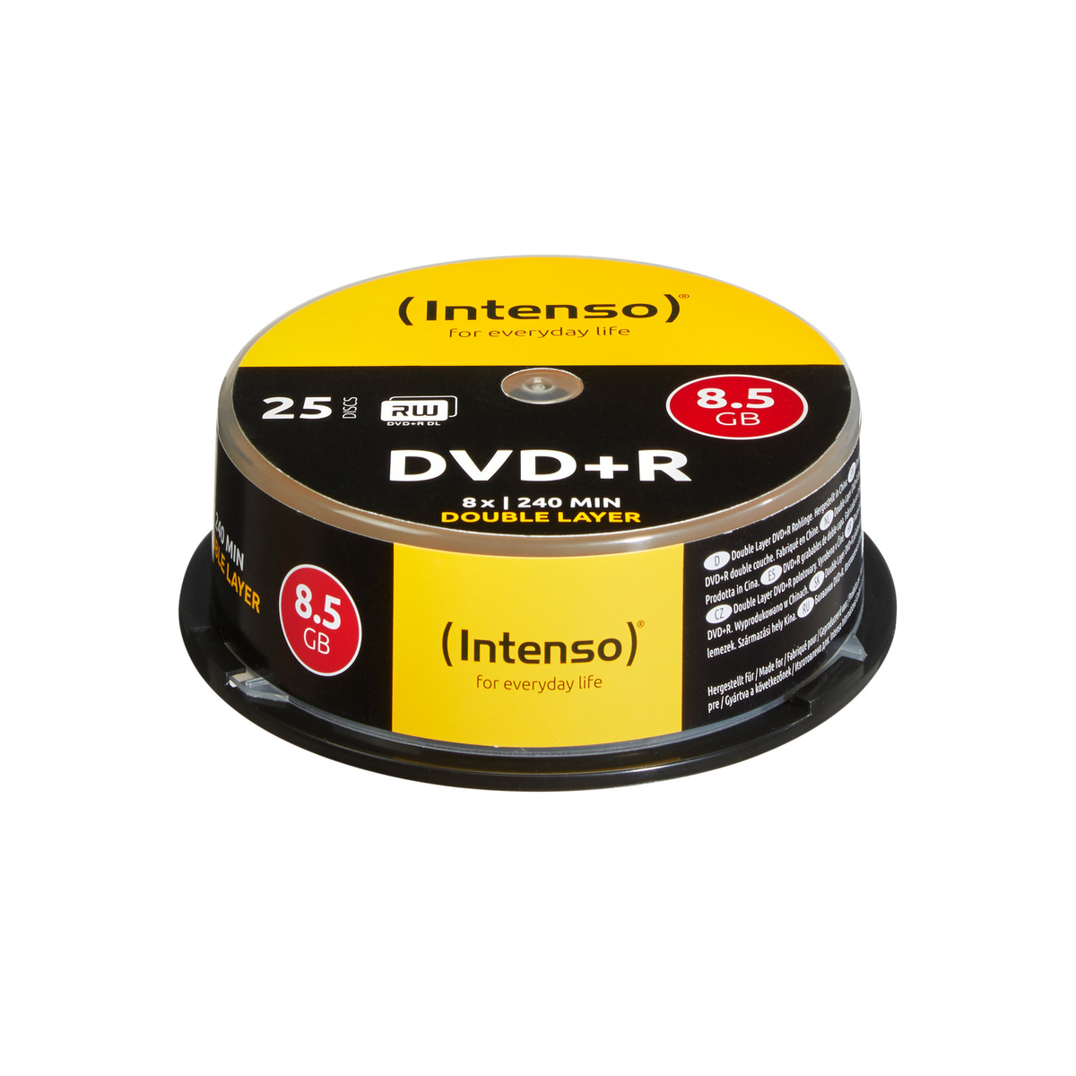 Een ronde DVD+R-schijfverpakking van Intenso, met 25 schijven, 8,5 GB capaciteit en label 'Double Layer'.