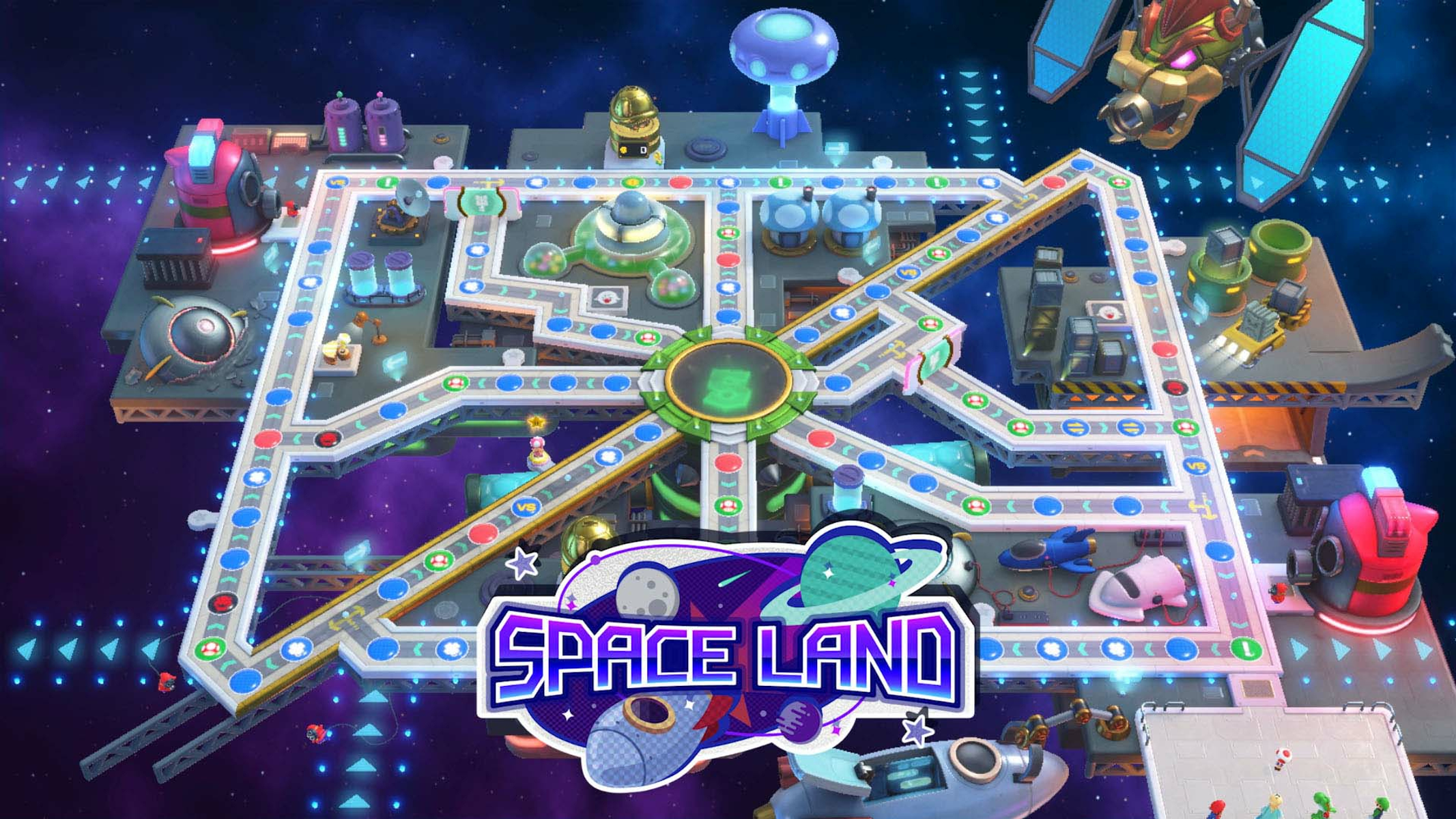 Un tabellone di gioco di Space Land presenta un design futuristico con pianeti, navi spaziali e percorsi colorati su uno sfondo stellato.