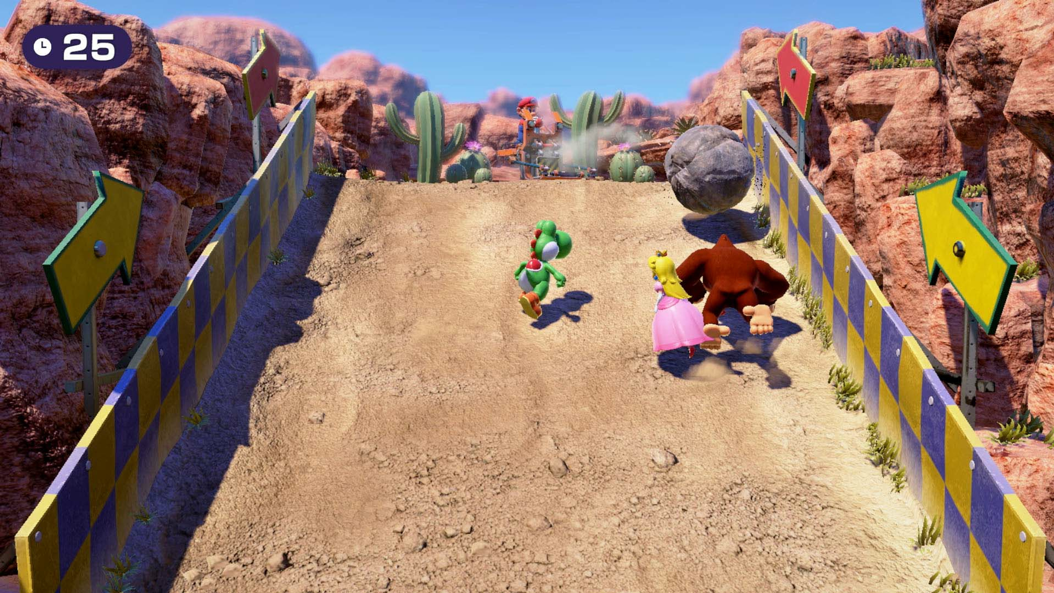 Yoshi, Peach e Donkey Kong corrono su una pista sabbiosa con muri. Mario e cactus sullo sfondo. Un grande masso rotola giù.