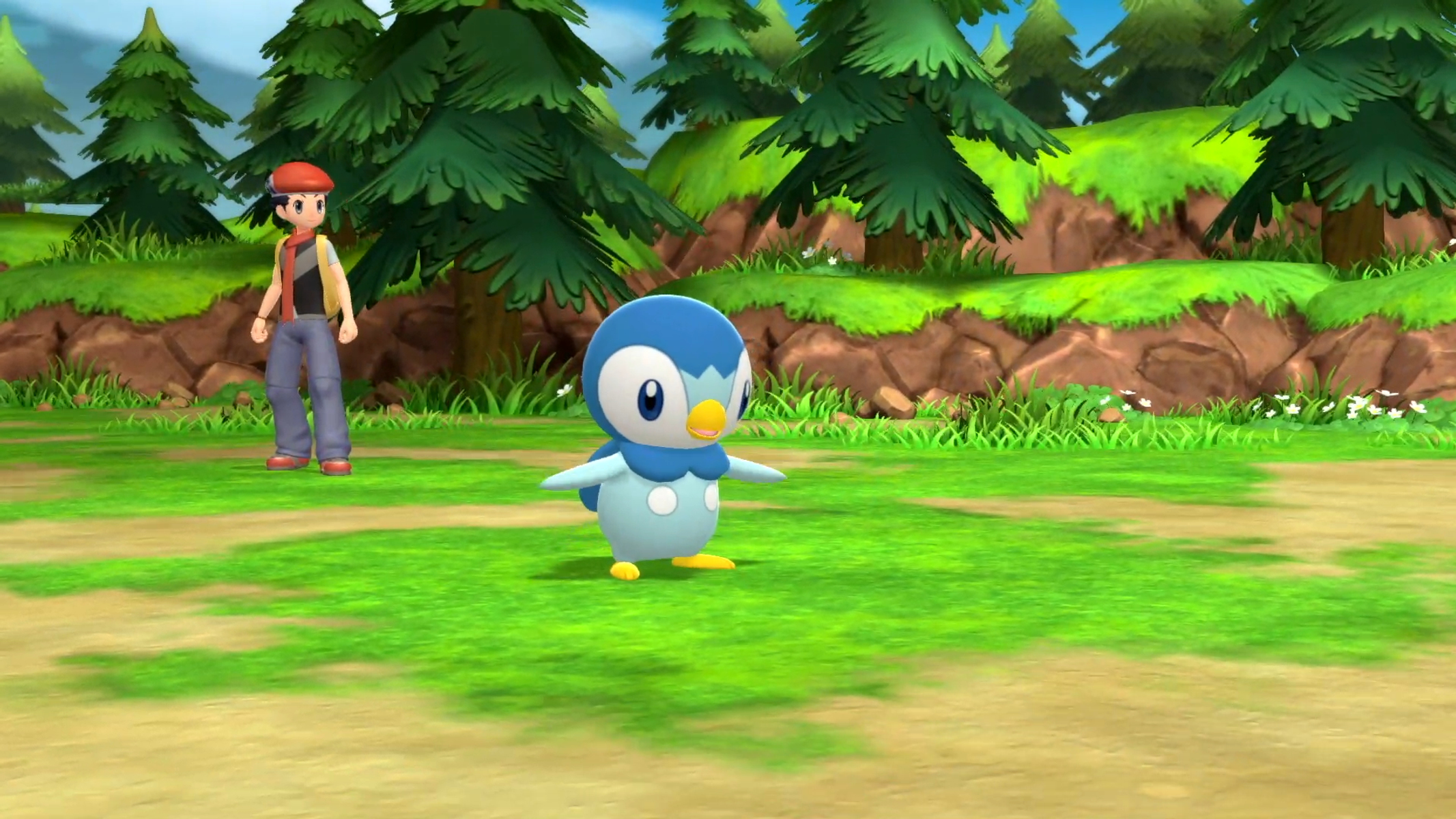 Un Piplup è in un campo erboso, un allenatore è a sinistra. Gli alberi sono sullo sfondo.