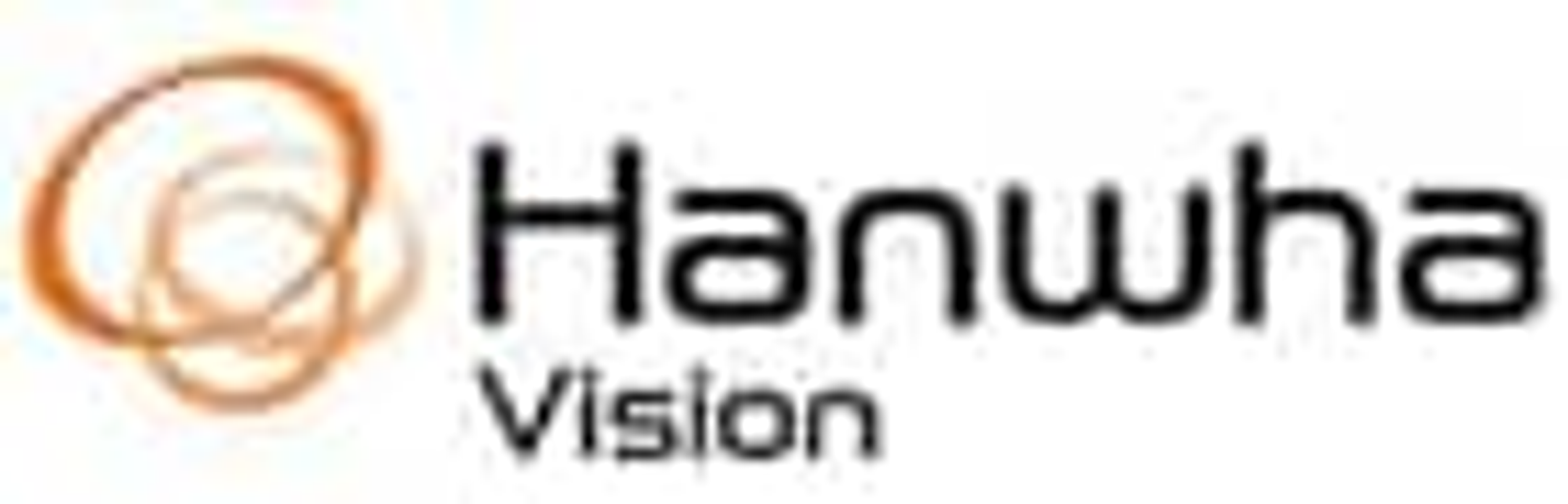 Logo Hanwha Vision zawiera pomarańczowe wiry nad nazwą firmy w czarnym tekście i słowo 'Vision' poniżej.
