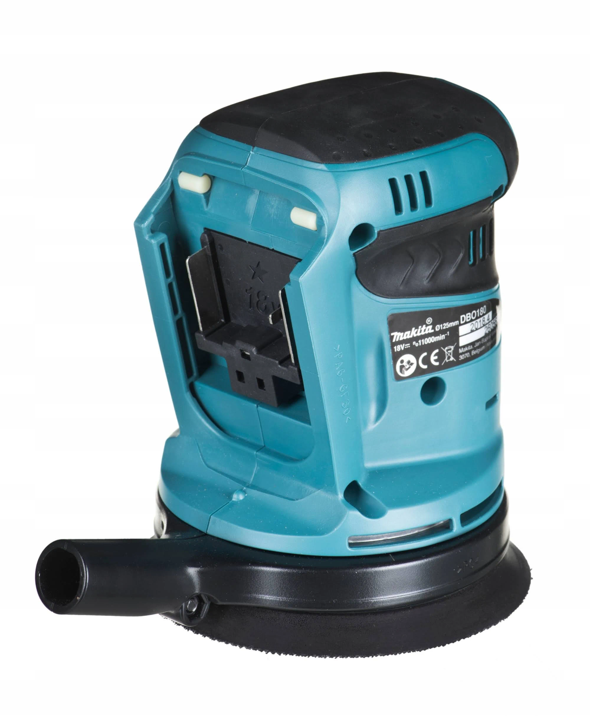 Szlifarka Makita w kolorze morskim i czarnym. Ma czarną podstawę i górę, widoczne logo Makita.