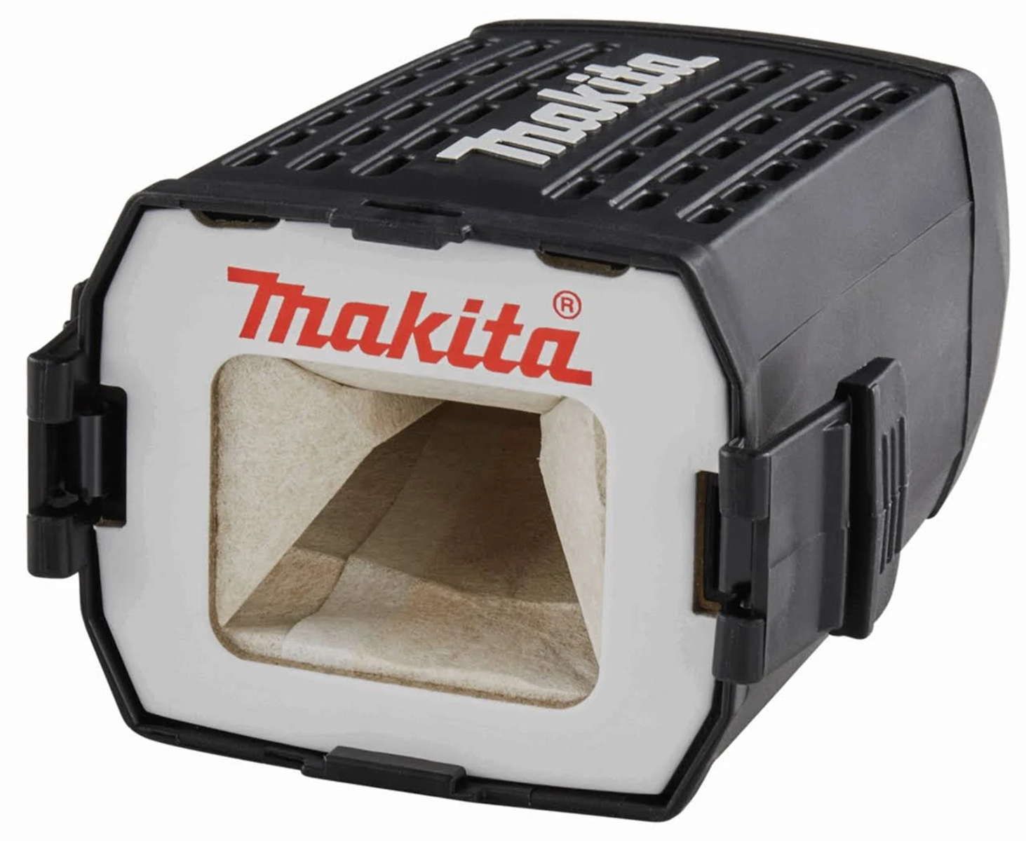 Czarno-biały odkurzacz Makita z czerwonym logo. Z przodu znajduje się otwór z beżowym materiałem filtracyjnym w środku.
