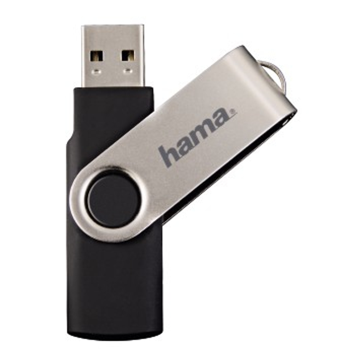 Czarny i srebrny pendrive USB. Srebrna obrotowa osłona z logo 'hama'. Czarny korpus. Złącze USB na górze.