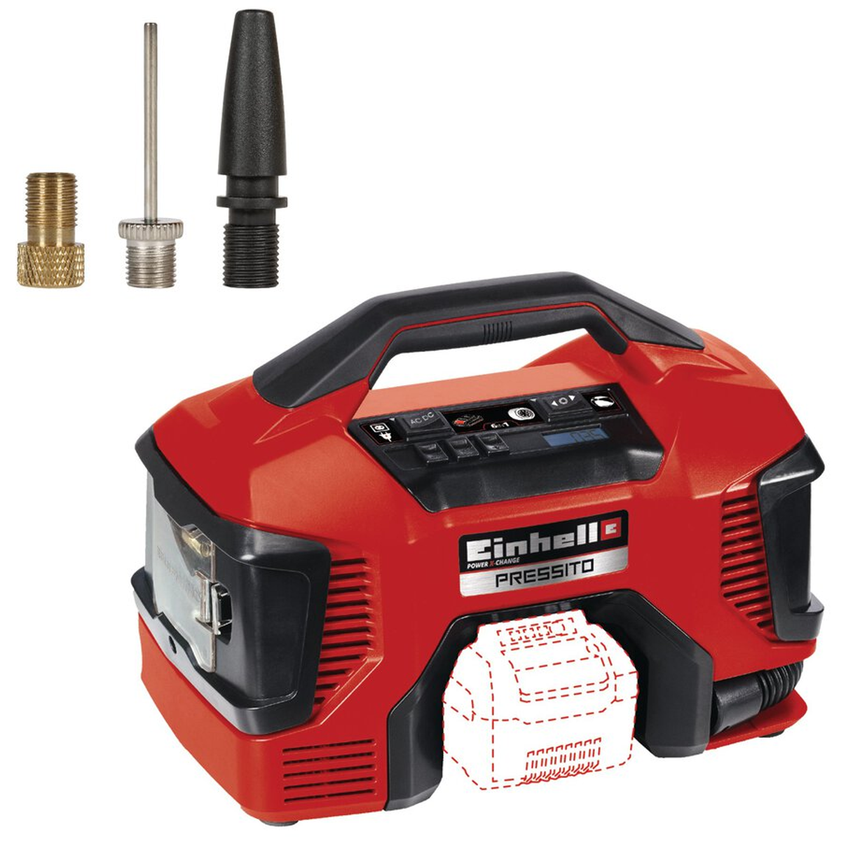 Roter und schwarzer Einhell Pressito Luftkompressor. Inklusive Düsen. Griff oben. Batterieumriss an der Seite. AC/DC-Eingang.