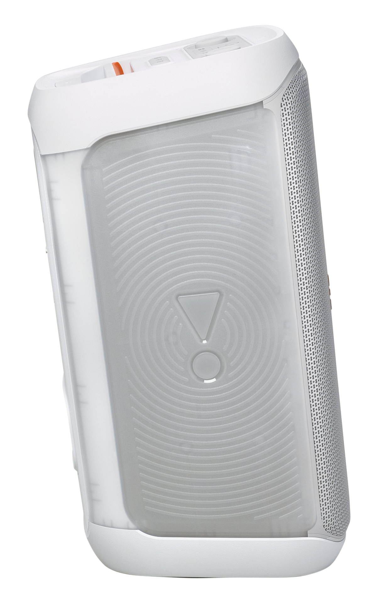 Altoparlante bianco e grigio. La parte anteriore ha un pannello grigio con il logo JBL. Il lato è una griglia a rete. La parte superiore ha dei pulsanti.