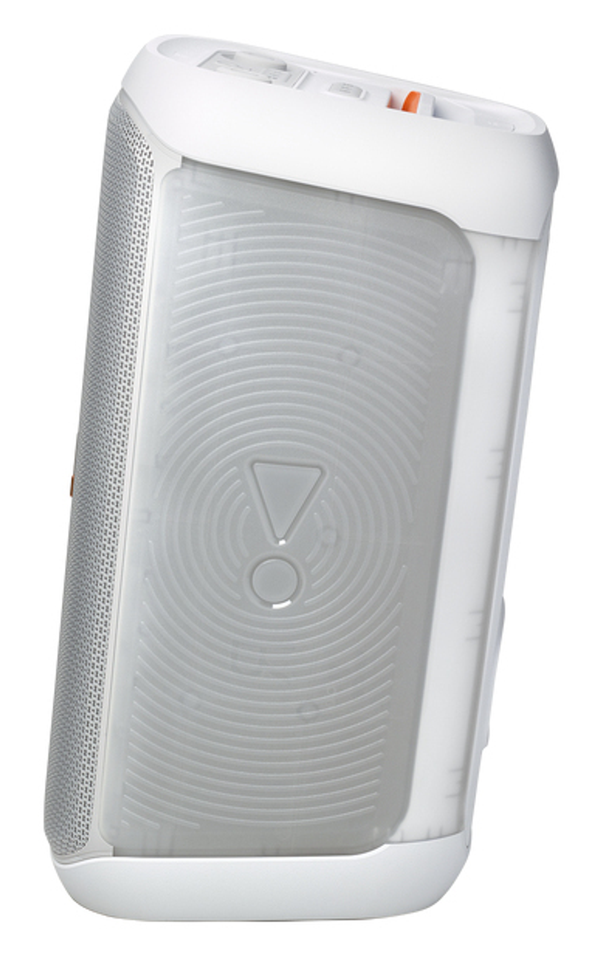 Un altoparlante portatile bianco con pannello frontale grigio e motivo circolare strutturato. Include un accento arancione e il logo JBL.