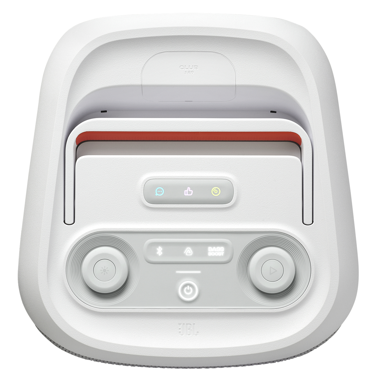 Altoparlante JBL Club 120 bianco. Pulsanti per Bluetooth, alimentazione e bassi, e manopole di controllo. Striscia rossa in alto.
